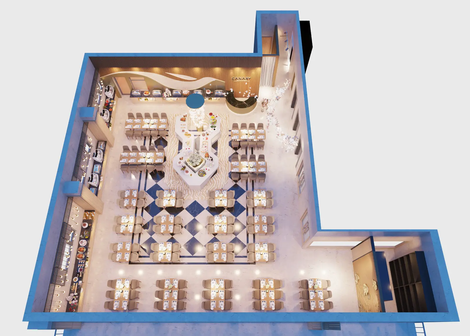High-quality 3D architectural top-down floor plan visualization of a large modern buffet restaurant. The detailed cutaway view reveals an L-shaped layout featuring a central geometric buffet station, extensive dining seating over a patterned tile floor, side serving counters, and a reception area with 'CANARY' signage, framed by blue exterior walls.