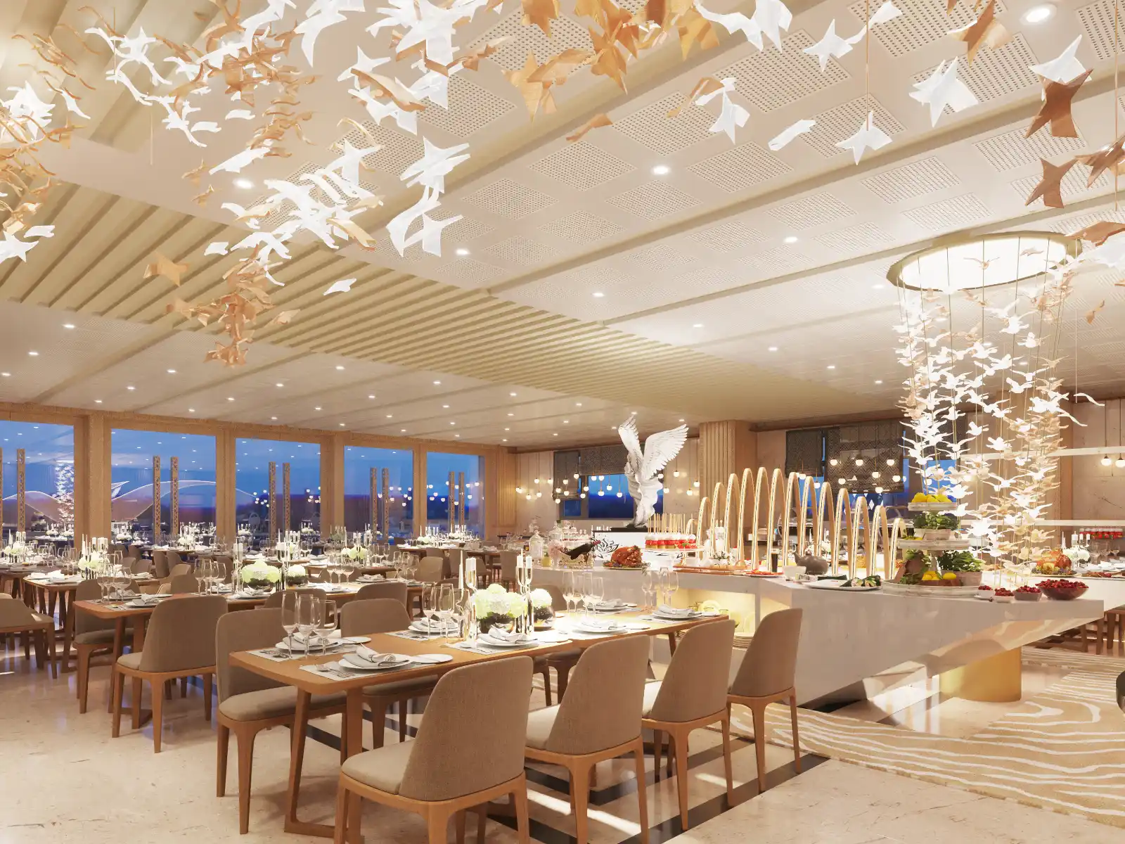 High-quality 3D architectural interior visualization of a luxurious restaurant dining area. The elegant space features meticulously set wooden dining tables, a bright buffet counter with a prominent winged sculpture, intricate hanging bird-motif ceiling installations, and large windows showcasing a twilight view.
