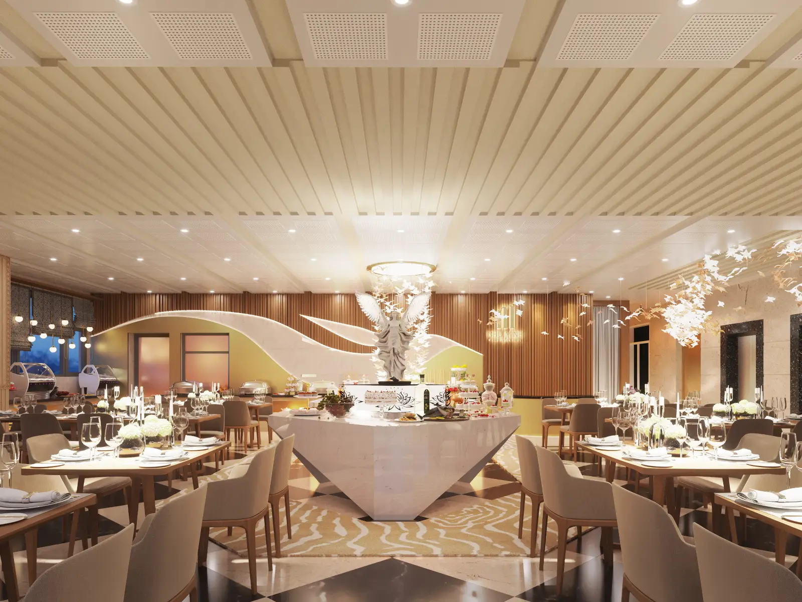 High-quality 3D architectural interior visualization of a luxurious modern buffet restaurant. The elegant space features a central geometric serving island topped with an intricate sculpture, surrounded by neatly set dining tables. The interior is highlighted by warm lighting, an elaborate slatted ceiling design, wood-slat accent walls, and delicate hanging decorative installations.
