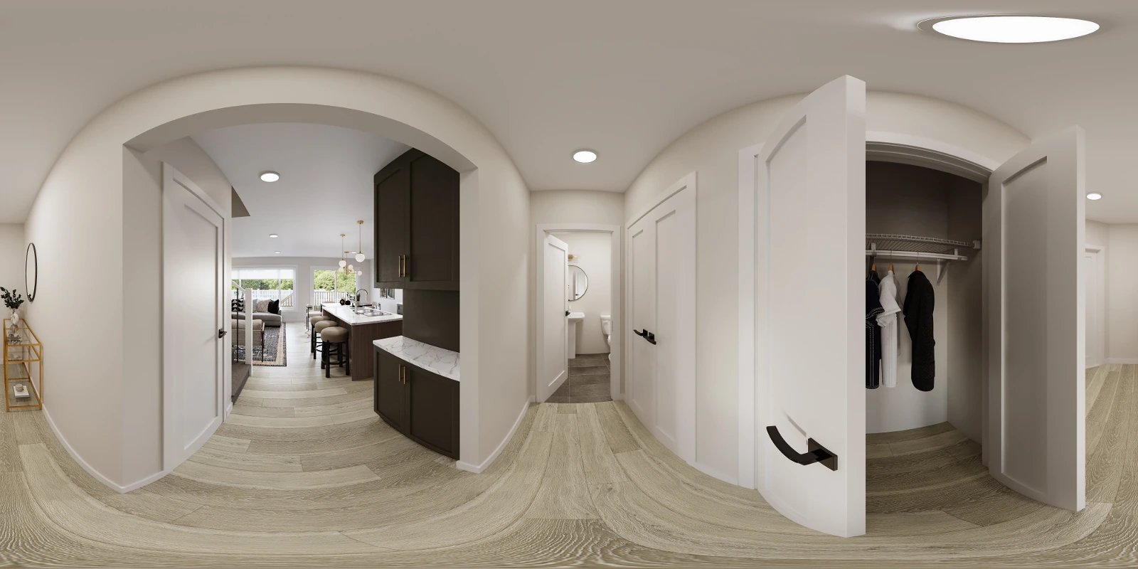 High-quality 360-degree panoramic architectural interior visualization of a bright, modern home entryway and hallway . The equirectangular projection features light wood flooring and neutral walls, with an open white coat closet on the right side revealing hanging space . A transition area with built-in dark cabinetry and a light countertop leads through a wide arched opening into an inviting open-concept kitchen and living area in the background.