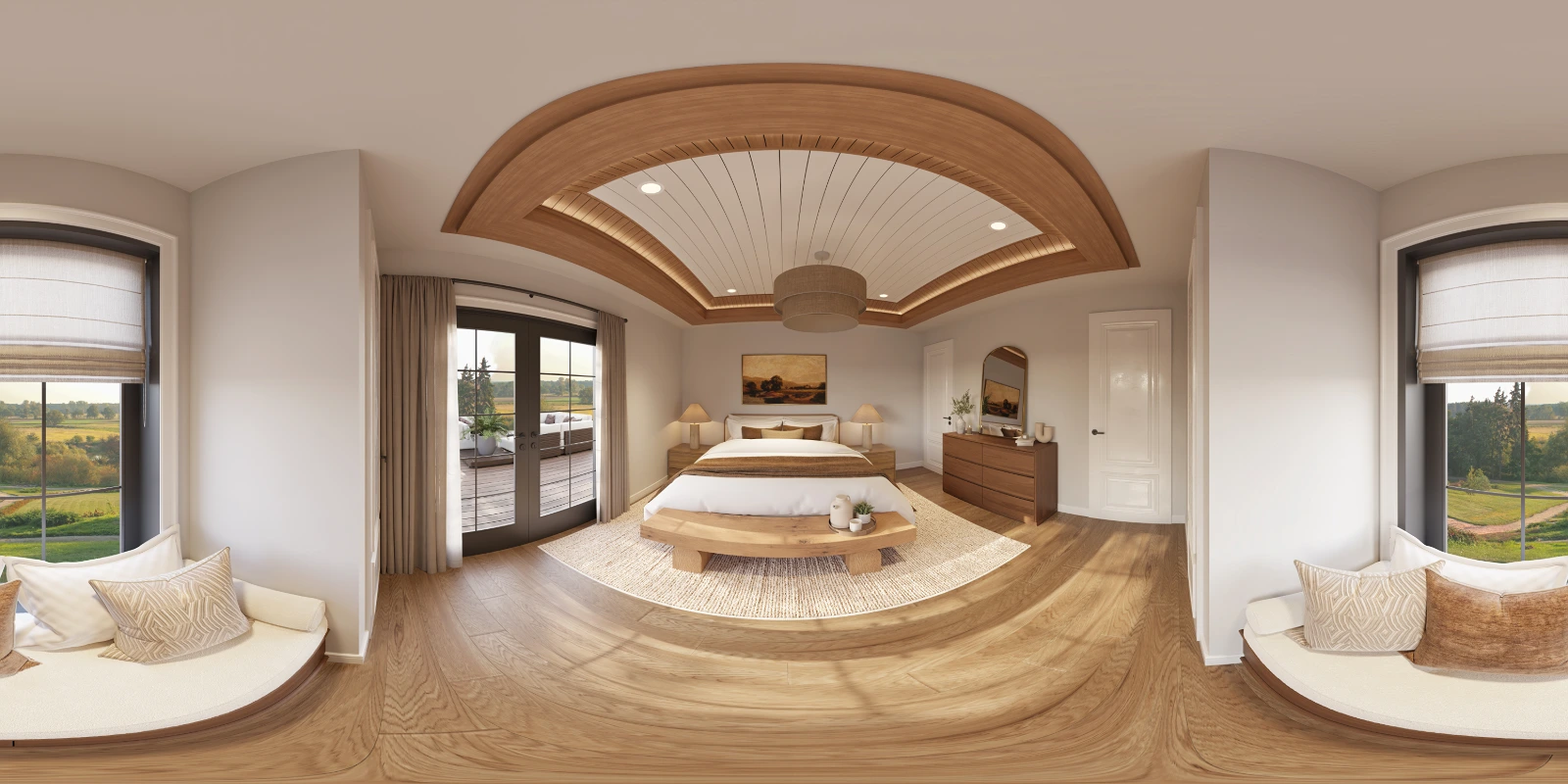 High-quality 360-degree panoramic architectural interior visualization of a cozy and elegant guest suite bedroom. The equirectangular projection highlights a striking wooden tray ceiling with white planking, a comfortable bed placed on a round textured rug, and a matching rustic wooden bench. The room features double glass doors opening to an outdoor patio, a wooden dresser, and curved window seats on either side offering views of the surrounding green landscape.