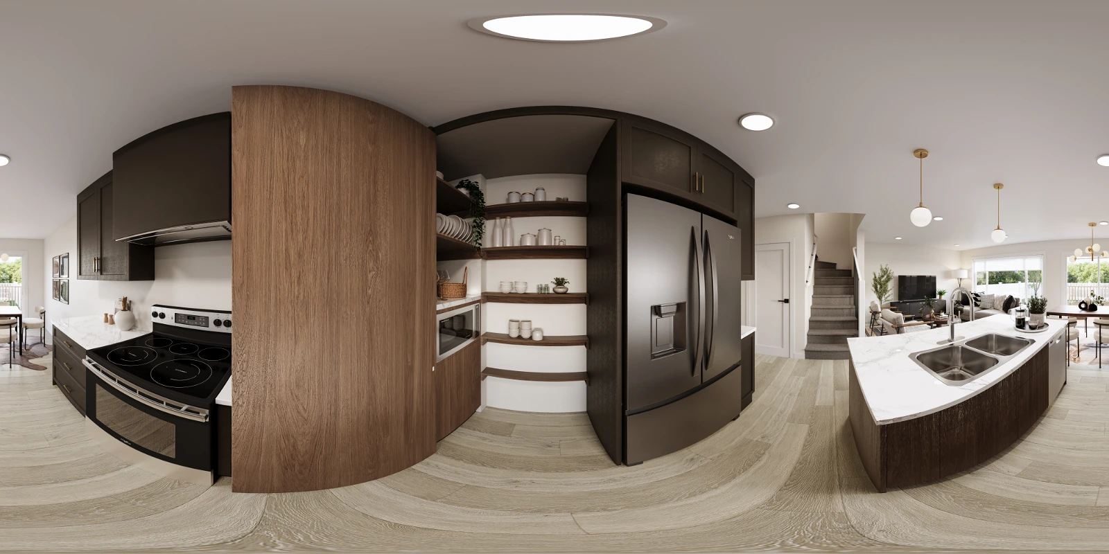 High-quality 360-degree panoramic architectural interior visualization of a modern kitchen . The equirectangular projection highlights a unique curved wooden architectural wall, dark espresso cabinetry, and open shelving . The space is well-equipped with stainless steel appliances, a large island featuring a double sink and white quartz countertops, and light wood flooring that flows seamlessly toward the staircase and living area in the background.