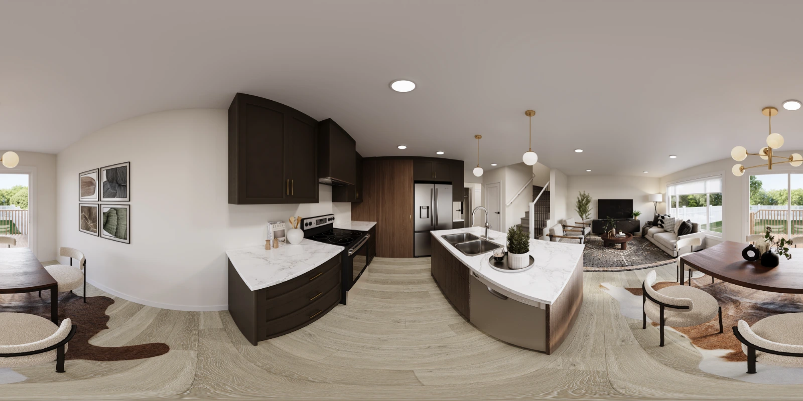 High-quality 360-degree panoramic architectural interior visualization focusing on a modern kitchen in an open-concept home. The equirectangular projection highlights dark espresso cabinetry, white quartz countertops, and a prominent central island with a double sink. The seamless layout connects to a dining area featuring a wooden table over an animal hide rug and a cozy living room in the background, all tied together by light wood flooring and ample natural light.