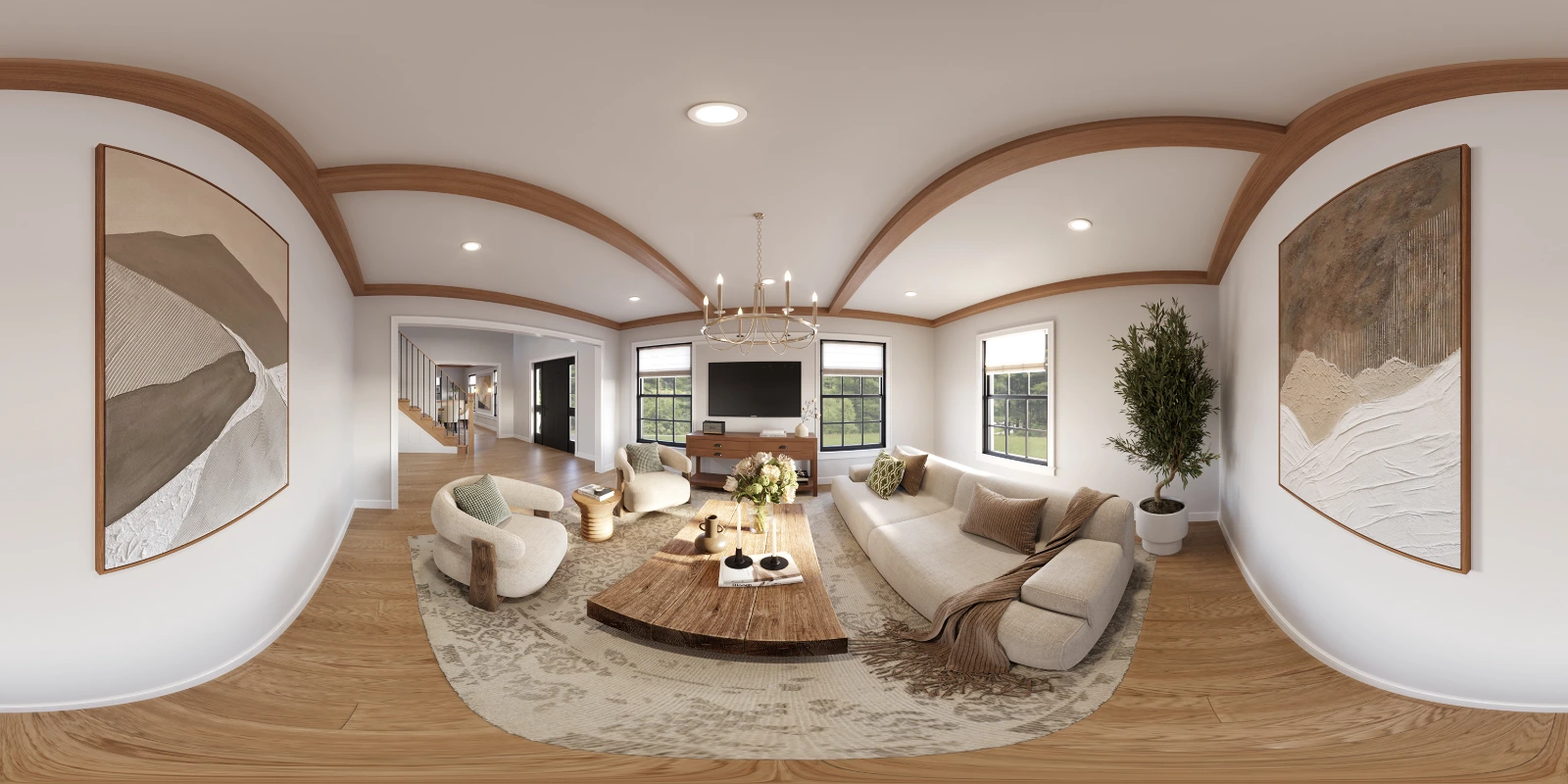 High-quality 360-degree panoramic architectural interior visualization of a warm and inviting modern transitional living room . The equirectangular projection captures a cozy space featuring distinctive curved wooden ceiling beams, large abstract canvas art, and a comfortable seating arrangement with a plush cream-colored sofa and armchair . A large live-edge wooden coffee table sits centrally on a patterned area rug . The room includes a television console area, a modern ring chandelier, and an open entryway leading back into a spacious foyer with a staircase in the background.