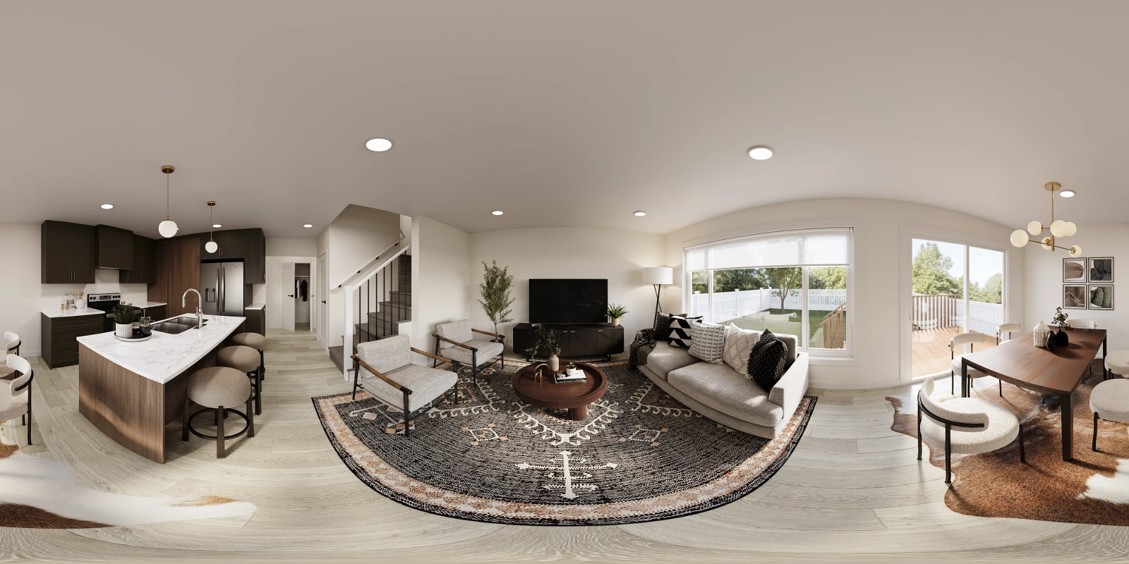 High-quality 360-degree panoramic architectural interior visualization of a modern open-concept main living space . The equirectangular projection displays a seamless flow between a cozy living area with a large patterned area rug and comfortable seating, a dining area featuring a wooden table and modern chandelier, and a stylish kitchen with dark cabinetry and a white quartz island . Large windows and glass doors provide ample natural light and views of a fenced backyard.