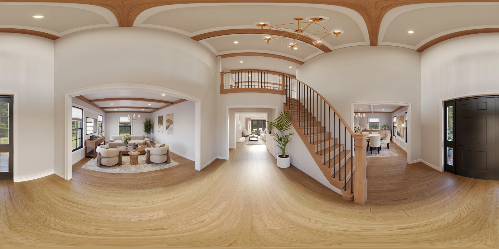 High-quality 360-degree panoramic architectural interior visualization of a spacious and elegant foyer in a modern traditional home. The central space features warm wood flooring, a curved wooden staircase with black metal railings, and expansive arched transitions leading to a living room on the left and a dining area on the right. A modern chandelier hangs from a detailed ceiling, while large dark double entry doors are visible on the right side of the equirectangular projection.