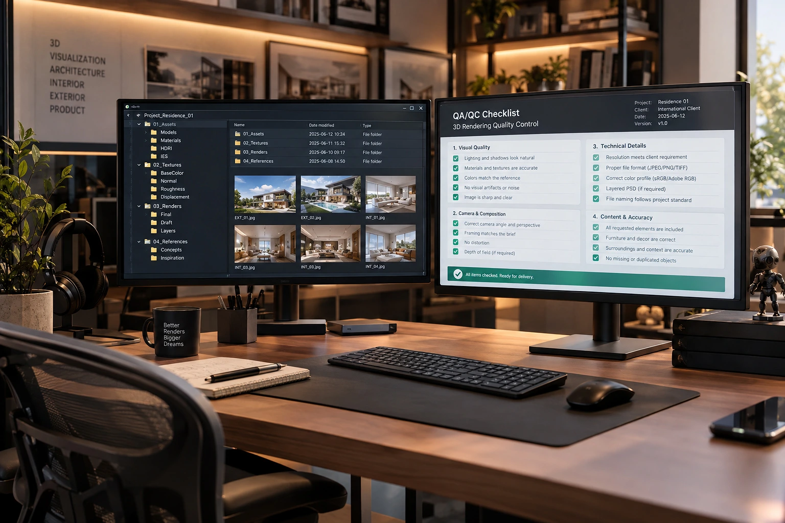 High-quality lifestyle photography capturing a professional workspace in a 3D architectural visualization studio. The focal point is a wooden office desk equipped with a dual-monitor setup: the left screen displays a project asset management folder with render thumbnails, while the right screen details a QA/QC checklist for 3D rendering. The modern workspace is complete with a keyboard, a mouse, a black mug reading "Better Renders Bigger Dreams," and architectural decor on shelves softly blurred in the background due to a shallow depth of field.