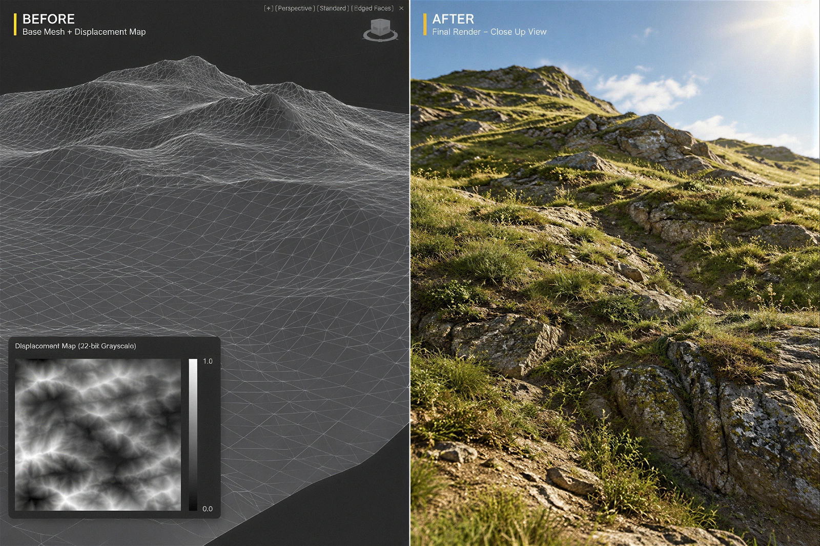 A side-by-side comparison showcasing the 3D environment creation workflow . The left "Before" section displays a 3D base mesh with edged faces and an inset 22-bit grayscale displacement map in the viewport . The right "After" section reveals the highly photorealistic final close-up render of a rugged, rocky hillside covered in wild grass and vegetation under bright sunlight, demonstrating the power of displacement mapping in CGI.