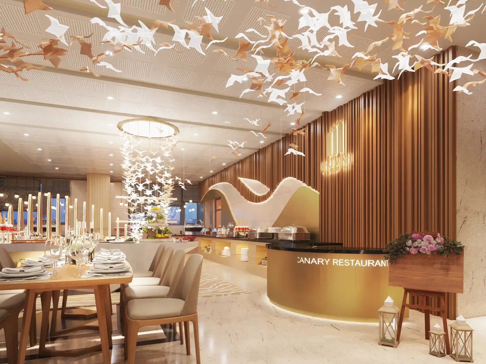 High-quality 3D architectural interior visualization of the Canary Restaurant. The elegant scene features a curved gold reception desk with illuminated signage, warm vertical wood-slat accent walls, a sweeping background buffet counter, set dining tables in the foreground, and a striking artistic ceiling installation composed of hanging bird-like ornaments.