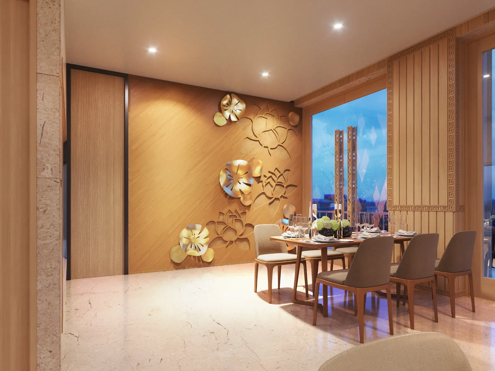 High-quality 3D architectural interior visualization of an elegant dining space. The warm, inviting room features a striking wooden accent wall adorned with large golden lotus flower reliefs, a set dining table with grey chairs, polished stone flooring, and large windows revealing a twilight view.