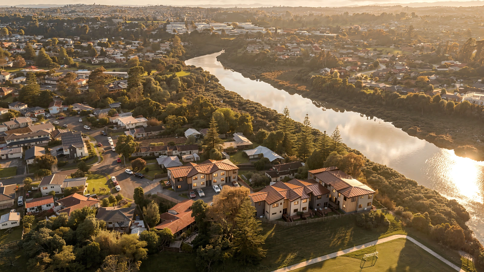 High-quality aerial 3D architectural photomontage visualization showcasing a new residential development situated next to a wide, winding river and a green sports field . The artwork highlights a cluster of townhouses featuring distinctive brown pitched roofs, realistically integrated into the existing suburban landscape under the warm golden hour sunlight of a sunset.