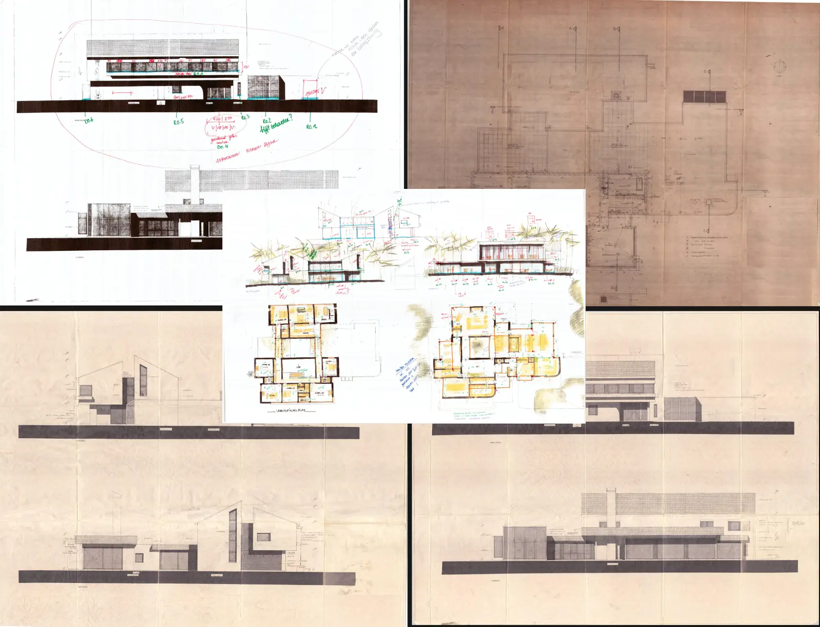 A scanned collage of early-stage architectural hand sketches and technical drawings. The composition includes multiple exterior elevations, detailed floor plans with colored marker accents, and handwritten annotations detailing the design concepts and spatial layout for a modern residential project.