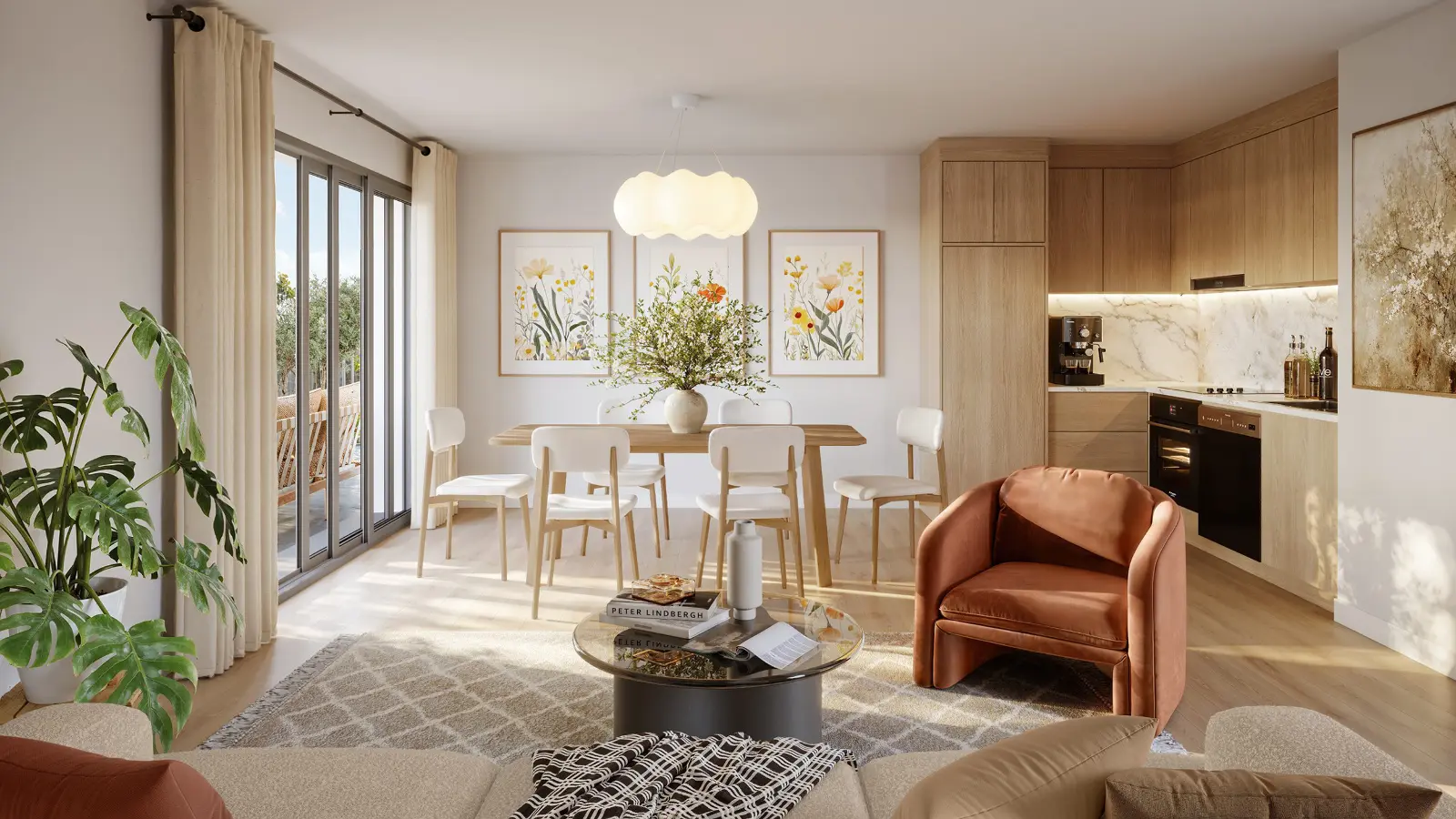 High-quality 3D interior visualization of a bright, modern open-concept living space, featuring a light wood kitchen, a welcoming dining area, and a cozy lounge with a terracotta armchair bathed in natural sunlight