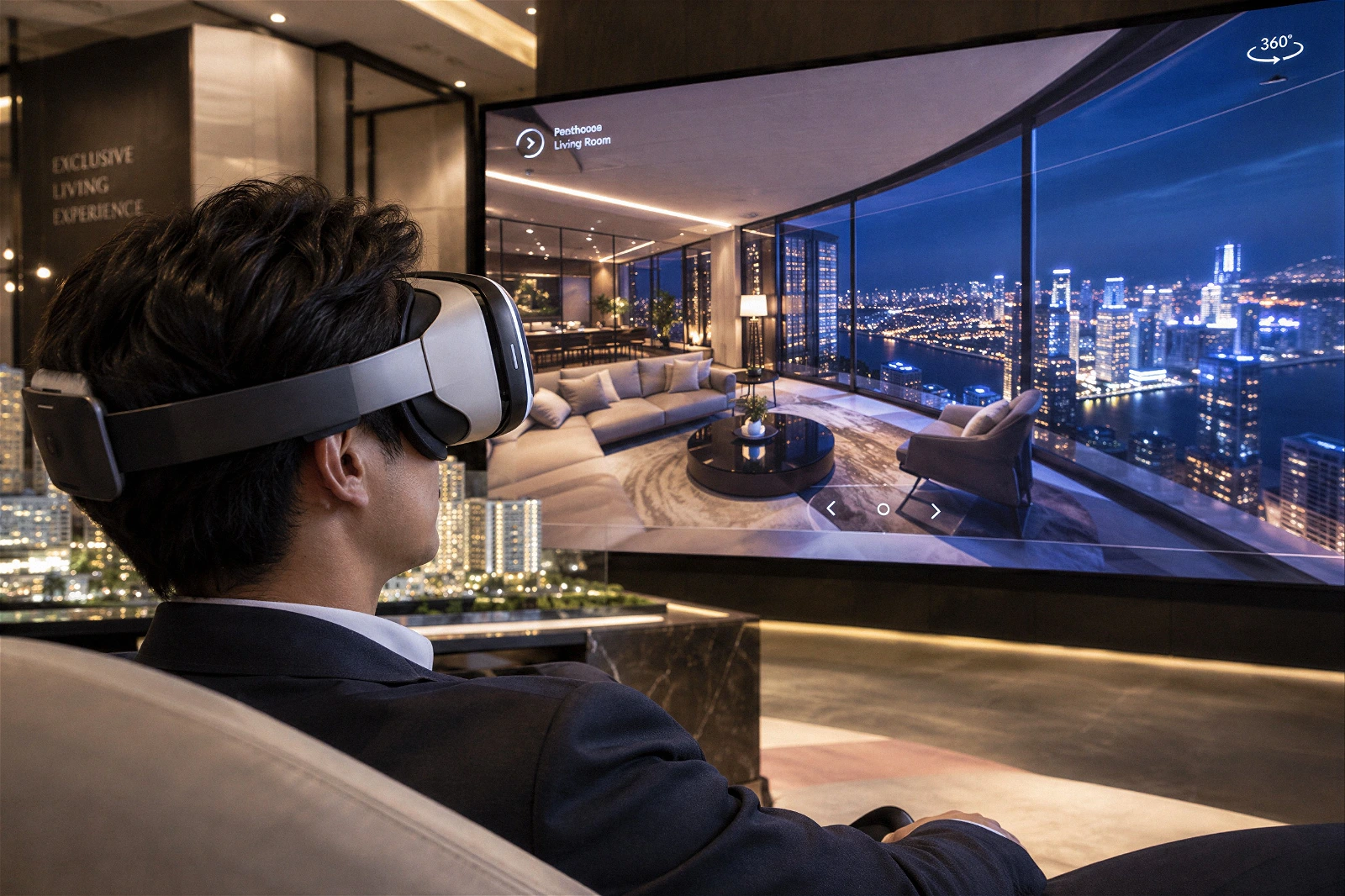 High-quality digital rendering capturing a client in a sharp suit comfortably seated on a sofa while wearing a VR headset . In front of them, a large screen or immersive virtual display showcases a vivid 360-degree tour of a luxury penthouse living room at night, featuring breathtaking panoramic views of a glowing city skyline . On the left wall, the text "EXCLUSIVE LIVING EXPERIENCE" is visible alongside interactive virtual navigation interface elements.