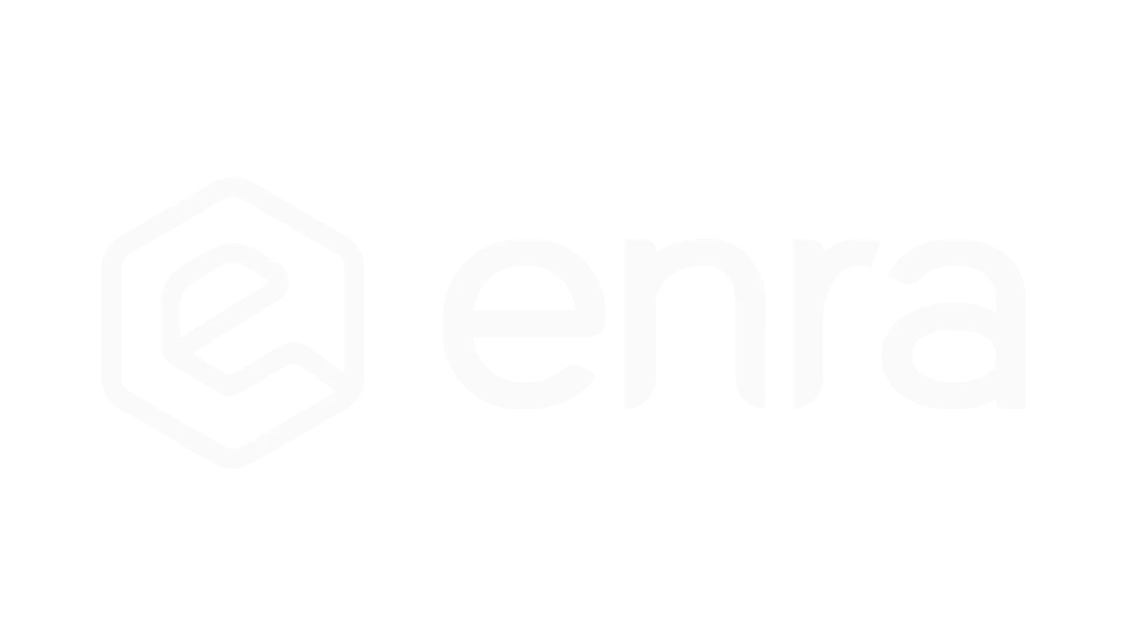 High-quality white logo graphic for Enra, a professional partner of Our-Inspiration, featuring a stylized 'e' enclosed in a hexagon alongside clean, modern lowercase typography on a solid black background.
