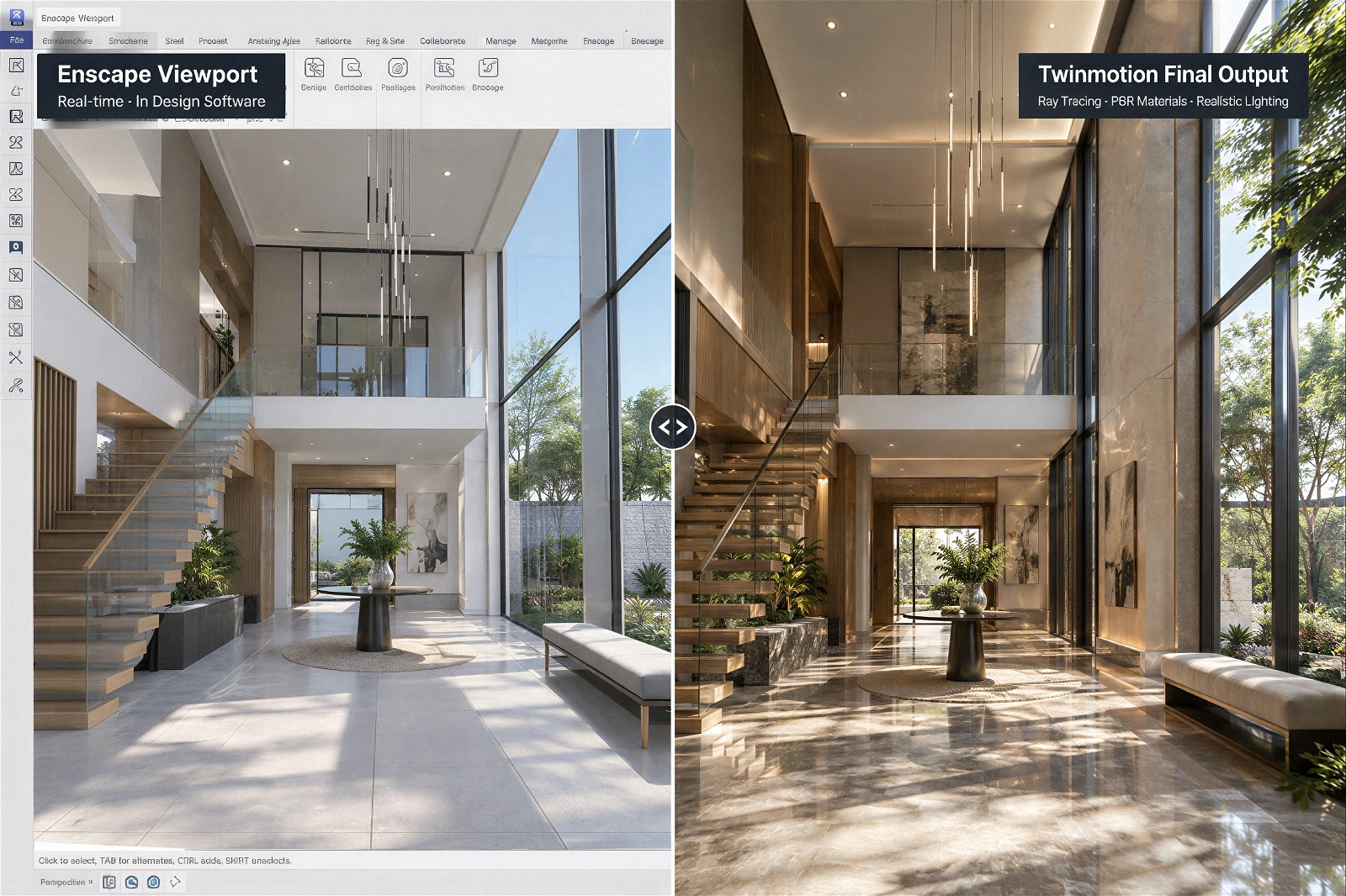A side-by-side workflow comparison of a luxury interior architectural visualization. The left side shows the real-time Enscape viewport within the design software, featuring basic lighting and flat materials. The right side displays the Twinmotion final output, highlighting the dramatic improvements achieved with advanced ray tracing, highly detailed PBR materials, and realistic lighting, which create complex sunlight shadows on the marble floor of the grand double-height foyer.