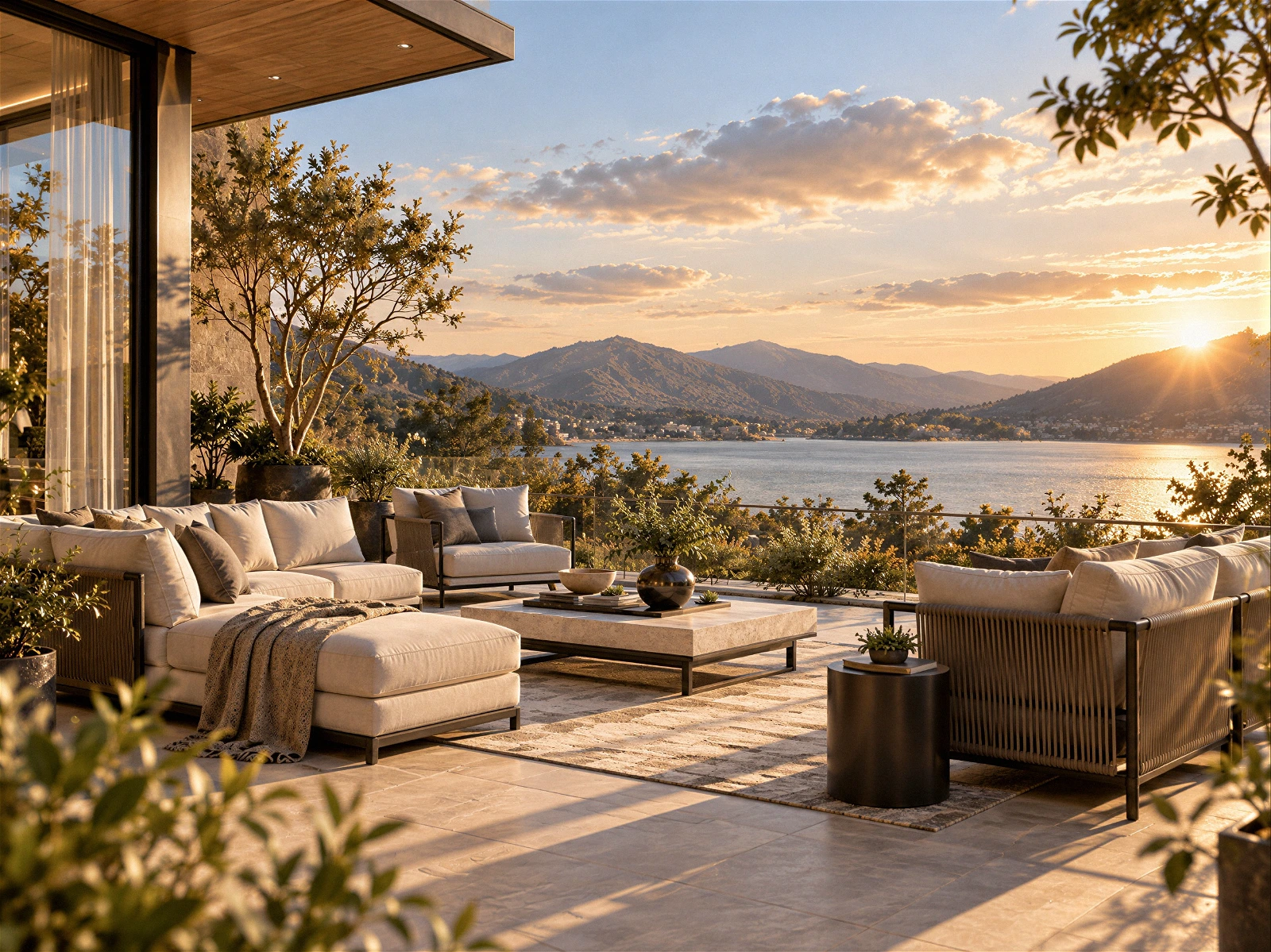 High-quality 3D architectural exterior visualization of a luxury outdoor terrace lounge overlooking a serene lake and mountain landscape during golden hour. The expansive patio features modern outdoor seating with comfortable cream-cushioned sofas, a low stone coffee table, and matching armchairs arranged on an outdoor rug. The warm sunset casting a golden glow over the water, distant hills, and surrounding lush greenery creates a tranquil, upscale real estate atmosphere.