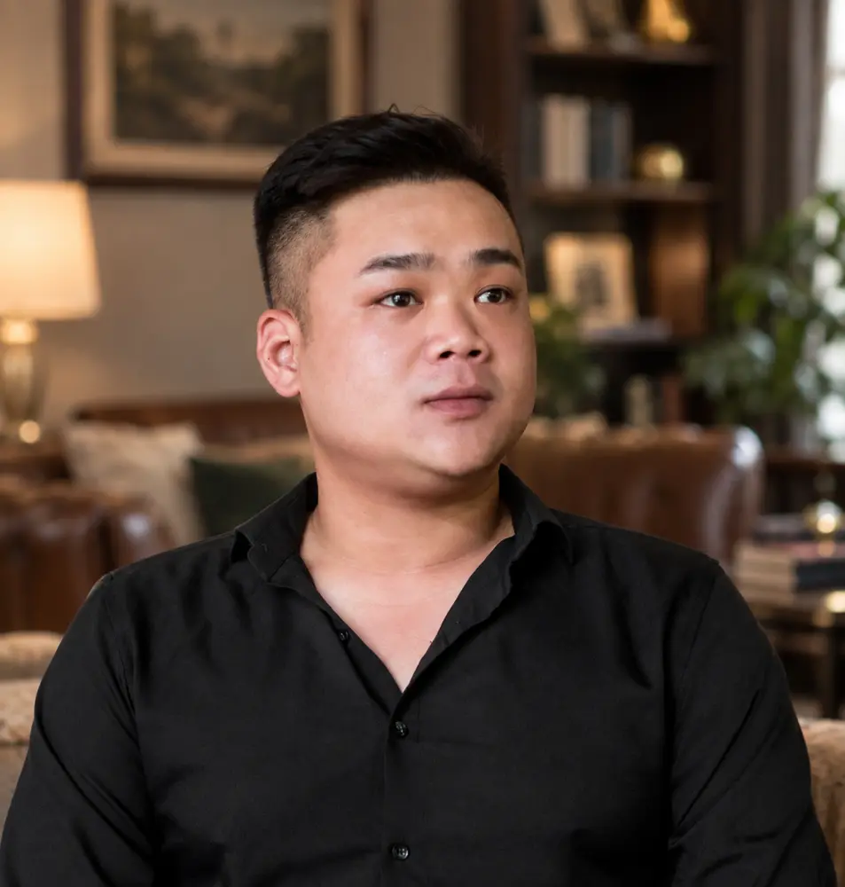 Professional portrait photograph of Huan Dinh, Interior Leader of Our-Inspiration, wearing a black shirt, posing in an elegant office or interior space with a warm, blurred background.