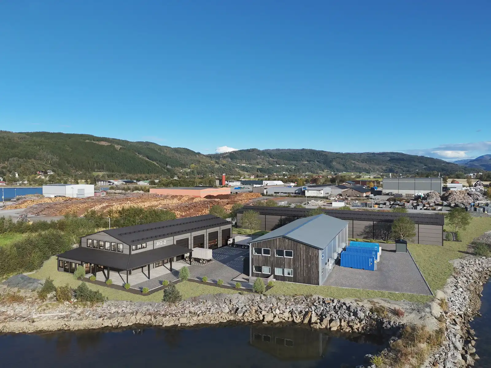 Aerial 3D architectural visualization of a modern industrial warehouse complex beside a waterfront