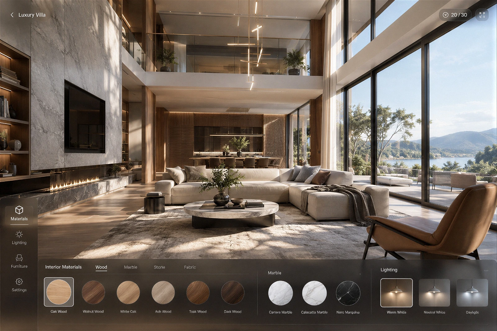 High-quality 3D architectural interior visualization of a luxury lakefront villa living room featuring a double-height ceiling[cite: 13]. The image includes an interactive UI overlay at the bottom for customizing interior materials like wood and marble, as well as lighting options[cite: 13]. The central space is furnished with a large light-colored sectional sofa, a marble coffee table, and a brown leather armchair, facing a grand marble accent wall with an integrated fireplace and TV[cite: 13]. Floor-to-ceiling panoramic glass doors open to an outdoor patio with stunning lake and mountain views in bright daylight, while the open-concept layout seamlessly connects to the dining and kitchen area in the background.