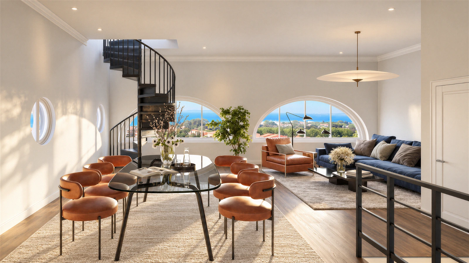 High-quality 3D architectural interior visualization of a spacious, light-filled coastal penthouse. The foreground dining area features a sleek glass-top dining table surrounded by cognac leather chairs set on a textured neutral area rug. A black metal spiral staircase serves as a architectural focal point beside large arched windows offering scenic views of the sea and coastal landscape. The living room area includes a plush deep blue sectional sofa, a matching cognac leather armchair, a low coffee table, and a contemporary saucer pendant light, complemented by sunlight streaming through side circular porthole windows.