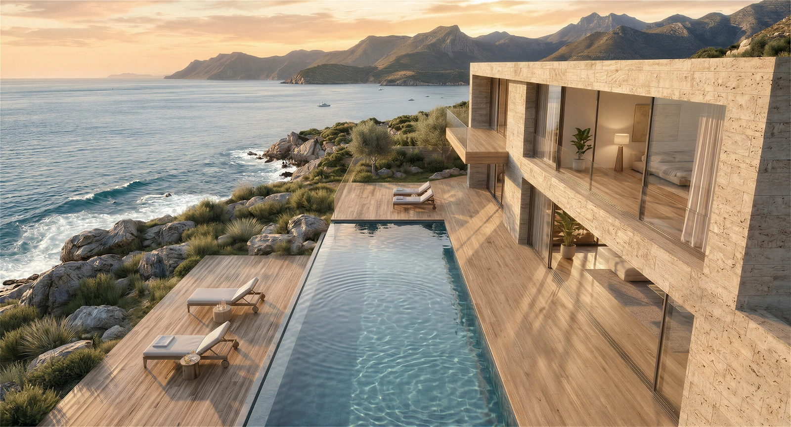 High-level aerial perspective of a modern and luxurious coastal villa at sunset   . The architectural visualization captures the stunning natural waterfront setting with rugged cliffs, crashing waves, and expansive mountain ranges in the background   . The multi-story natural stone villa features large glass facades and a long infinity pool stretching along the wooden sun deck, creating an elite resort atmosphere   .