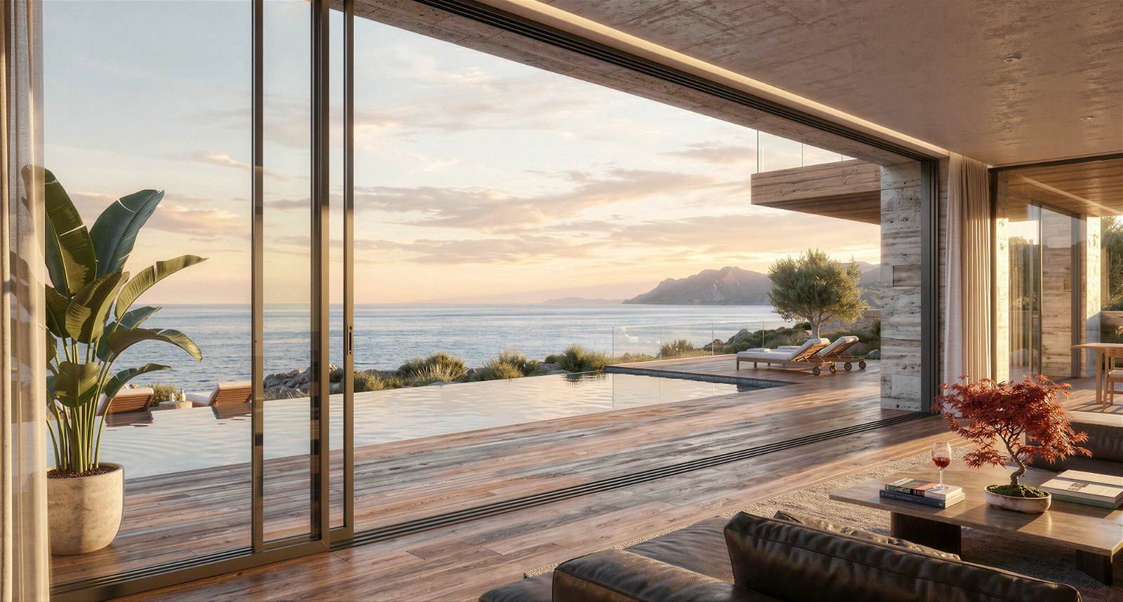 High-quality 3D architectural interior visualization from inside a modern luxury coastal villa looking out through expansive sliding glass doors. The sophisticated living space features modern furnishings, a decorative indoor plant, and a coffee table with a bonsai tree. The view opens onto a wooden deck with an infinity pool, overlooking the serene sea and distant mountains during a warm golden hour sunset.