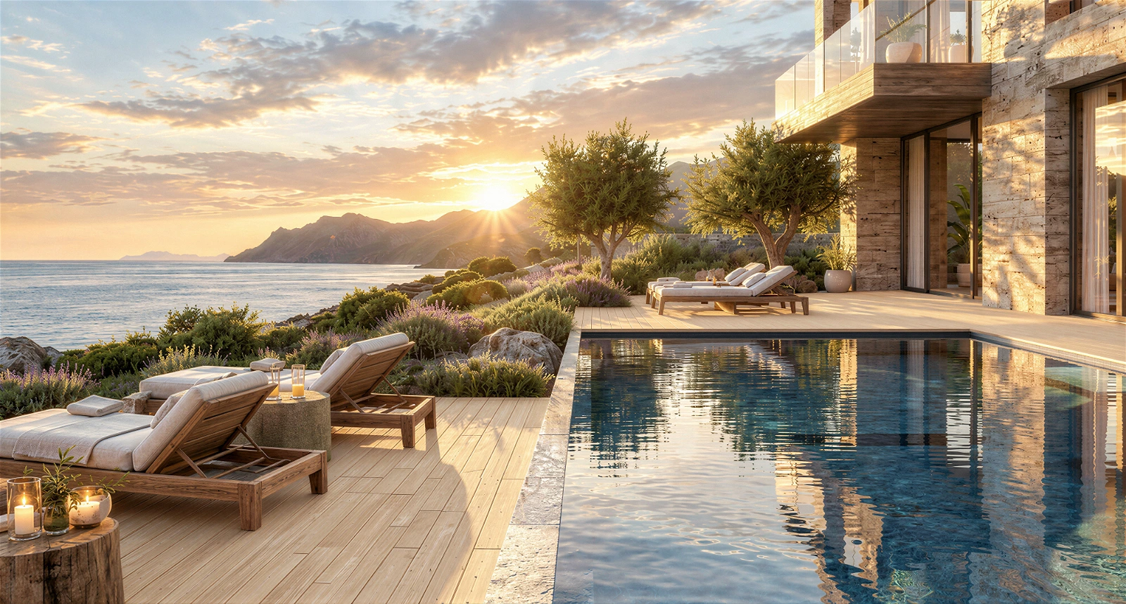 High-quality 3D architectural exterior visualization of the pool deck and patio area at a luxurious coastal villa during sunset. The close-up perspective features relaxation loungers on a wooden deck, crystal-clear pool water reflecting the vibrant sunset glow, and a picturesque natural landscape with the sea and distant mountains in the background.