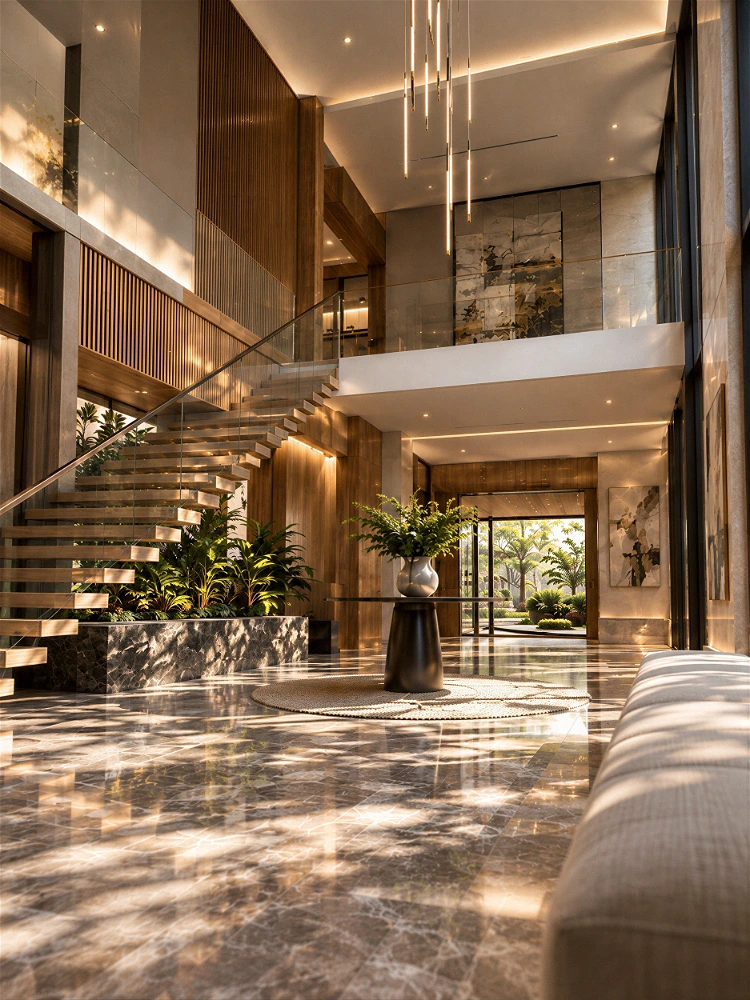 High-quality 3D architectural interior visualization of a grand, luxury double-height entrance foyer . The magnificent space features a modern floating wooden staircase with a sleek glass railing, elevated above a lush indoor planter . Golden hour sunlight streams into the room, casting intricate, artistic tree shadows across the highly reflective gray marble flooring . The interior is beautifully accented with warm wood-slatted wall panels, an elegant modern linear chandelier, and a central round display table, while an open doorway in the background reveals a sunlit tropical garden.