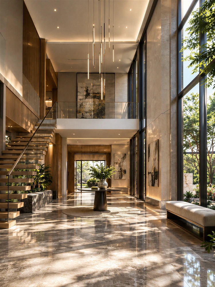High-quality 3D architectural interior visualization of a grand, luxury double-height entrance foyer . The vertical perspective emphasizes the massive floor-to-ceiling windows on the right, which bathe the highly reflective marble floor in intricate tree shadows . The space features a modern floating wooden staircase with a glass railing, a central display table with a plant, an elegant linear pendant chandelier, and a mezzanine level displaying large abstract art, all creating a sophisticated and airy atmosphere under bright natural daylight.