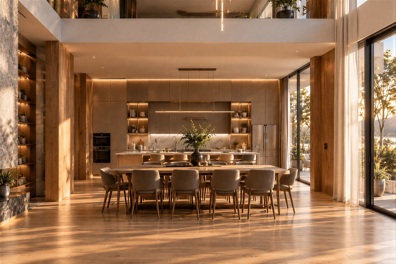 High-quality 3D architectural interior visualization of a luxurious, open-concept dining room and kitchen bathed in warm golden hour sunlight. The expansive double-height space features a large wooden dining table with upholstered chairs, a modern island kitchen with marble accents and integrated LED strip lighting, rich natural wood flooring, and massive floor-to-ceiling glass doors that reveal a serene sunset view.