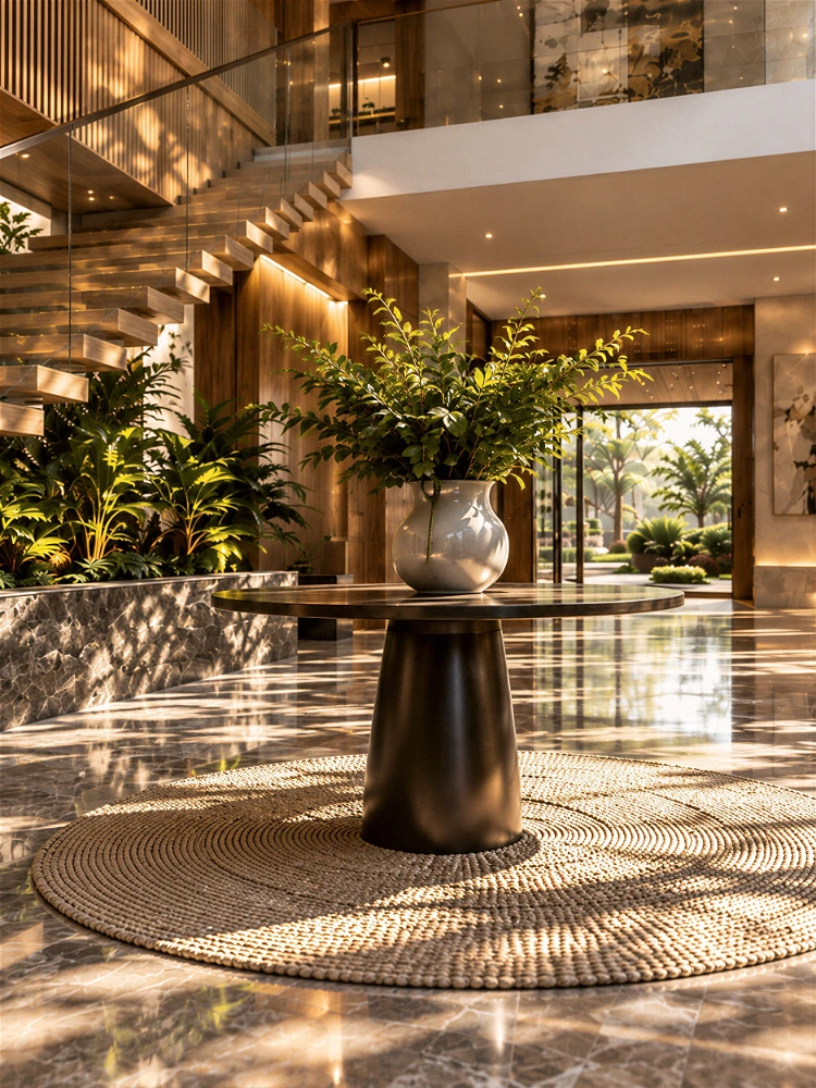 High-quality 3D architectural interior visualization focusing on a central round table in a luxury foyer . The table features a dark conical base and holds a white vase filled with green foliage, resting on a woven circular rug . The background showcases a modern floating wooden staircase, warm wood-paneled walls, and a highly reflective marble floor with intricate tree shadows cast by golden hour sunlight, with an open doorway leading to a tropical garden.