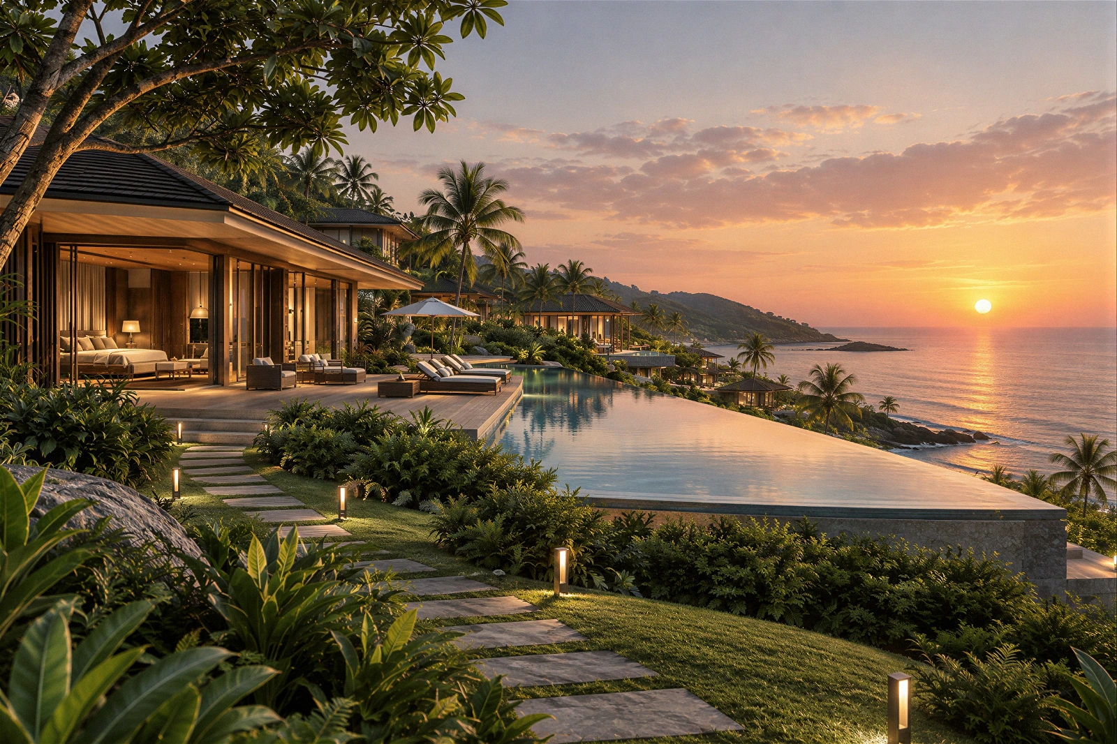 High-quality 3D architectural exterior visualization of a luxurious tropical resort villa situated on a hillside . The scene features a winding stone pathway through a manicured lawn, illuminated by small garden lights, leading up to a wooden deck and a large expansive infinity pool . The open-concept house features large glass walls revealing a warmly lit interior, surrounded by lush tropical vegetation and towering palm trees . The entire scene offers a breathtaking view of the vast ocean under a vibrant sunset sky and warm golden light.