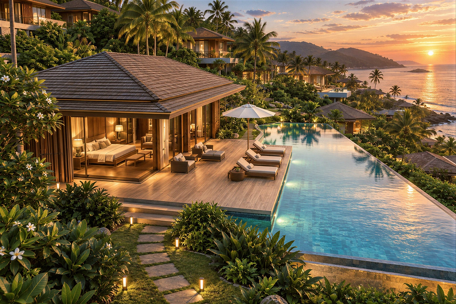 High-quality 3D architectural exterior visualization of a luxurious tropical resort villa nestled on a hillside . The open-concept design features large glass walls that reveal a warmly lit bedroom interior . Outside, a spacious wooden deck equipped with sun loungers and a patio umbrella sits alongside a stunning, expansive infinity pool . The surrounding landscape is filled with lush tropical vegetation and towering palm trees, offering a breathtaking view of the winding coastline and the vast ocean under a vibrant sunset sky.