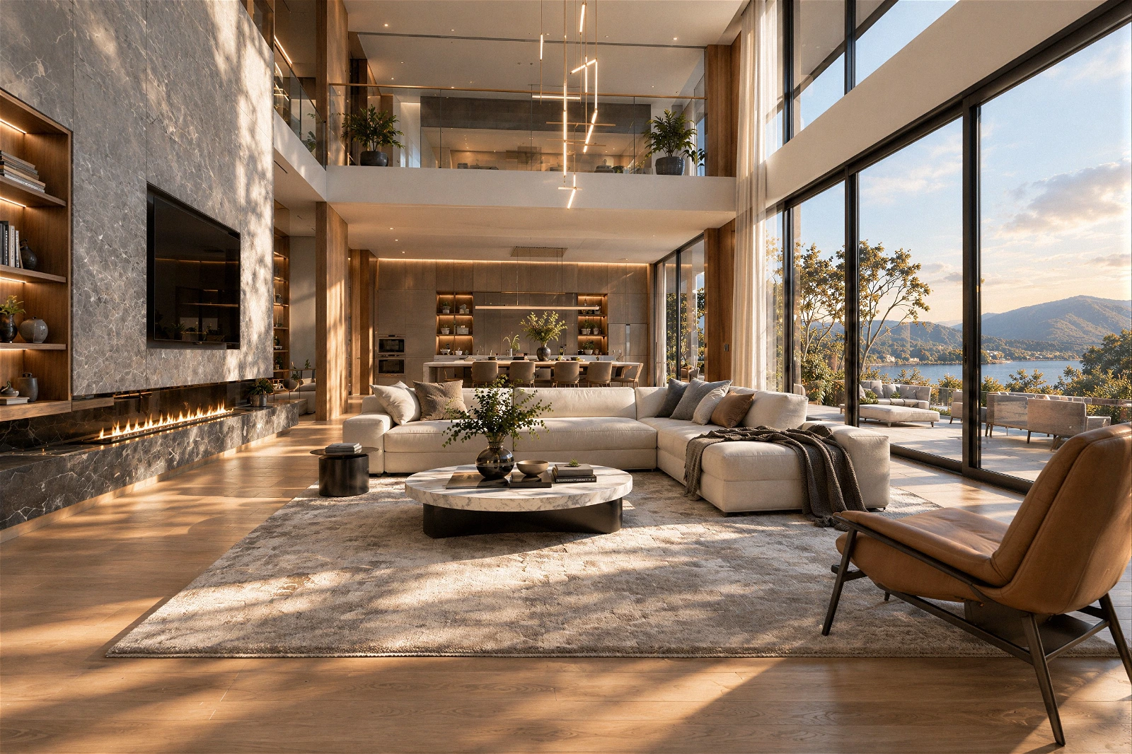 High-quality 3D architectural interior visualization of a luxury lakefront villa living room featuring a double-height ceiling[cite: 11]. The space is anchored by a large gray marble feature wall with an integrated flat-screen TV and a modern linear fireplace below[cite: 11]. The central seating area is furnished with a plush cream sectional sofa, a round marble coffee table, and an accent leather armchair set on a large rug[cite: 11]. Golden hour sunlight streams through floor-to-ceiling panoramic glass doors, casting artistic tree shadows across the wood flooring and framing scenic views of the lake and mountains, while flowing seamlessly into the open-concept kitchen and dining area in the background.