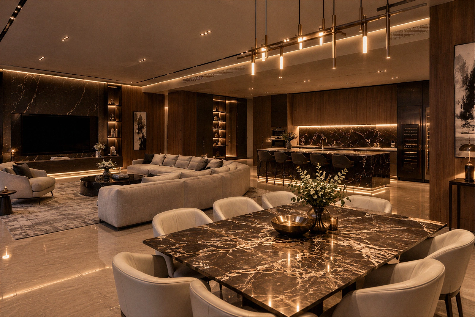 High-quality 3D architectural interior visualization of a luxurious, open-concept modern penthouse space . The foreground features a sophisticated dining area with a dark white-veined marble table surrounded by light-colored leather chairs . In the background, a cozy living room showcases a large sectional sofa, a dark marble accent wall with built-in shelving, and warm integrated LED lighting . An expansive kitchen further back is equipped with a dark marble island, premium wood cabinetry, and sleek modern lighting fixtures, creating a cohesive and upscale ambiance.