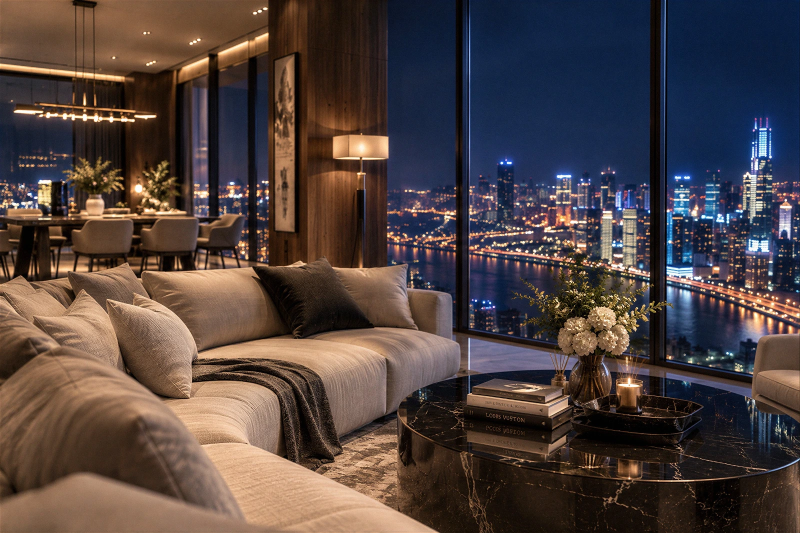 High-quality 3D architectural interior visualization of a luxury penthouse living room at night. The foreground features a plush, comfortable sectional sofa adorned with decorative pillows and a throw blanket, alongside a sleek round black marble coffee table styled with books, a tray, and a candle. Floor-to-ceiling glass windows offer a breathtaking panoramic view of a vibrant cityscape illuminated at night, with glowing skyscrapers and a river reflecting lights. In the background, a warmly lit dining area and wood-paneled accents create a sophisticated and cozy atmosphere.