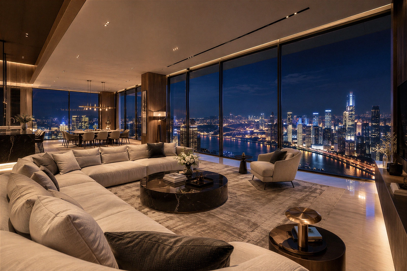 High-quality 3D architectural interior visualization of a luxurious open-concept penthouse at night. The foreground features a spacious living room centered around a large light-colored sectional sofa, a round black marble coffee table, and a soft area rug. Floor-to-ceiling glass windows offer a breathtaking panoramic view of a vibrant cityscape illuminated at night alongside a winding river. In the background, a warmly lit dining area is elegantly framed by modern pendant lighting and rich wood-paneled accents.
