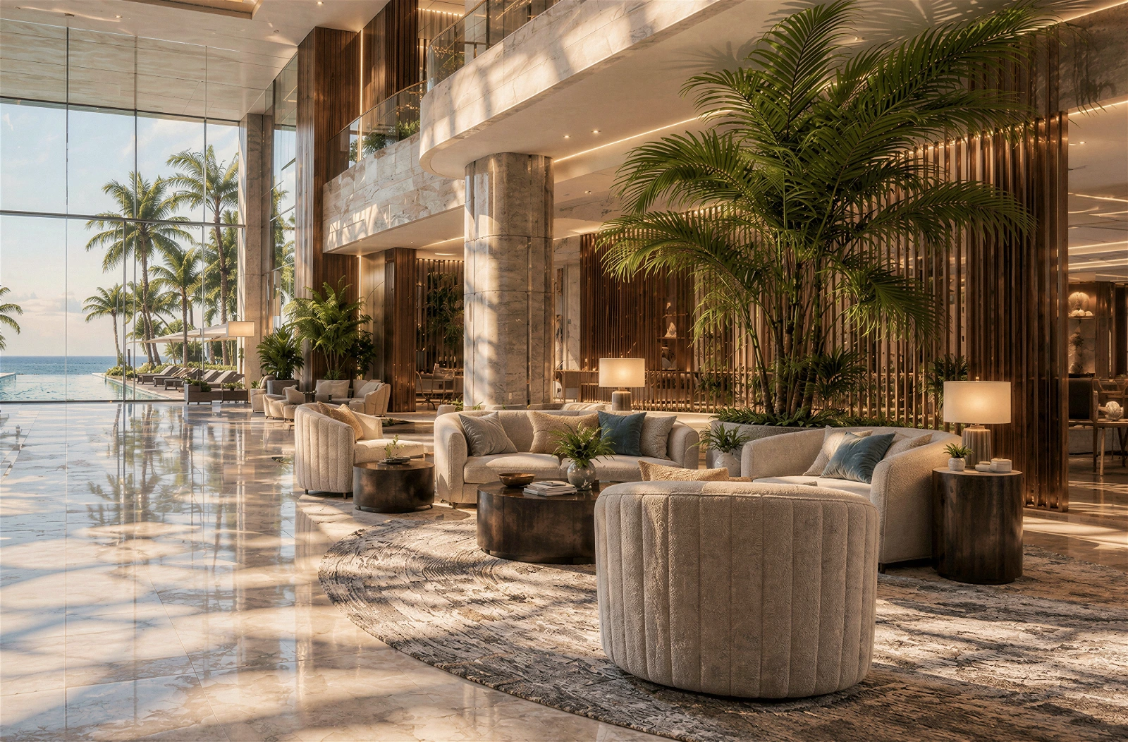 High-quality 3D architectural interior visualization of a luxurious resort lobby lounge . The scene features an elegant seating arrangement with curved armchairs, plush sofas, and dark round coffee tables set on a large textured rug . A prominent indoor palm tree adds a tropical touch . Expansive floor-to-ceiling windows on the left showcase a stunning view of an outdoor infinity pool, palm trees, and the ocean, while sunlight casts warm reflections on the highly polished marble floor,