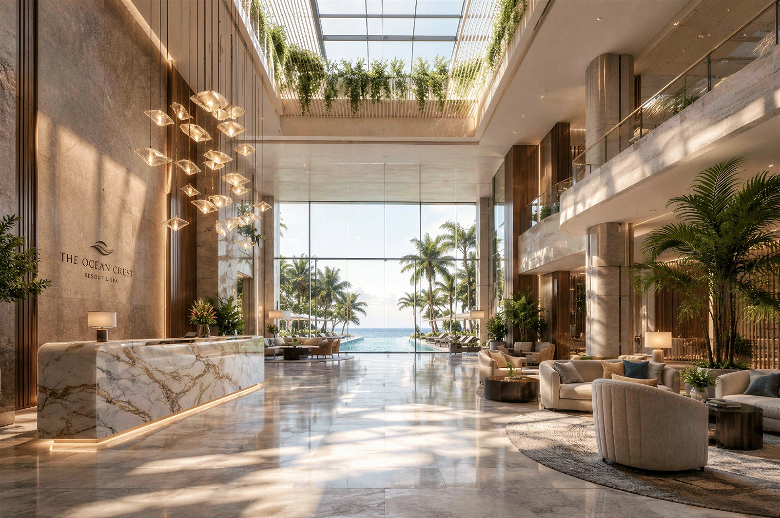 High-quality 3D architectural interior visualization of a grand, luxurious resort lobby. The spacious area features double-height ceilings with a glass skylight and hanging greenery, a stunning illuminated marble reception desk displaying 'THE OCEAN CREST', and an elegant lounge seating area . Expansive floor-to-ceiling windows offer a breathtaking view of a tropical pool deck, palm trees, and the ocean under bright daylight.