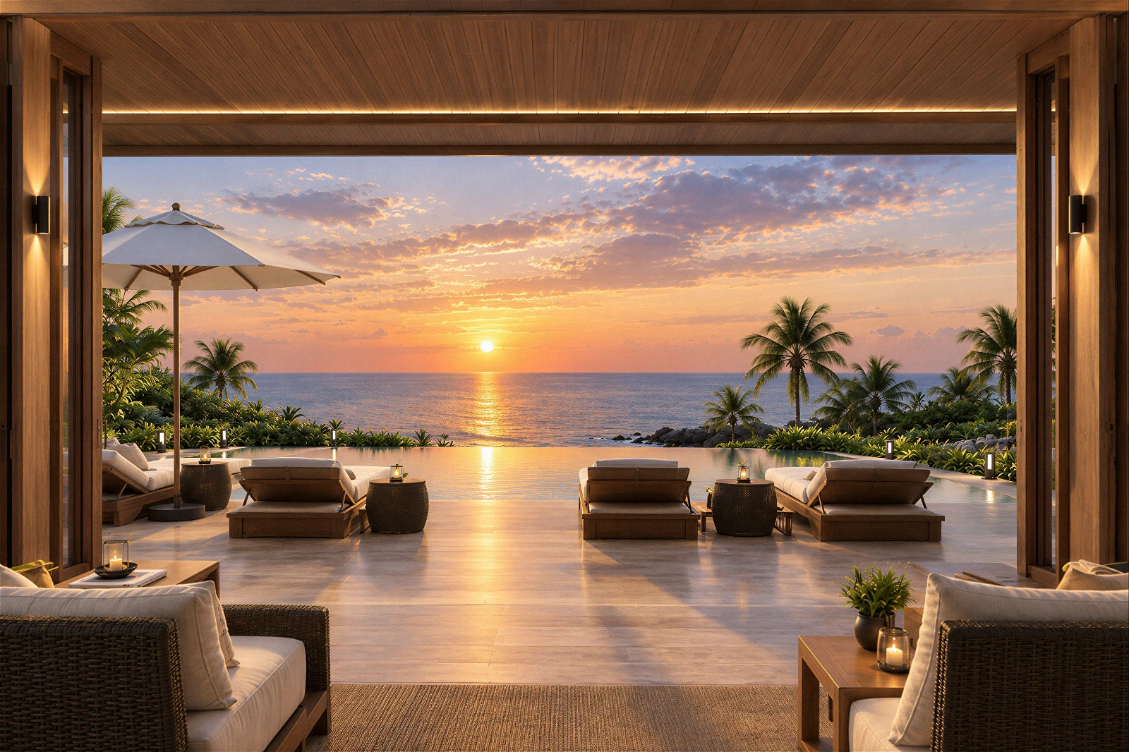 High-quality 3D architectural visualization of an open-air luxury resort patio overlooking an infinity pool and the ocean . The scene features a vibrant sunset with the sun resting right on the horizon, casting a warm golden light that reflects across the water . The pool area includes submerged sun loungers surrounded by lush tropical palm trees . The foreground showcases a covered patio with an elegant wood-paneled ceiling, warm wall sconces, and woven rattan seating, creating a relaxing and sophisticated atmosphere.