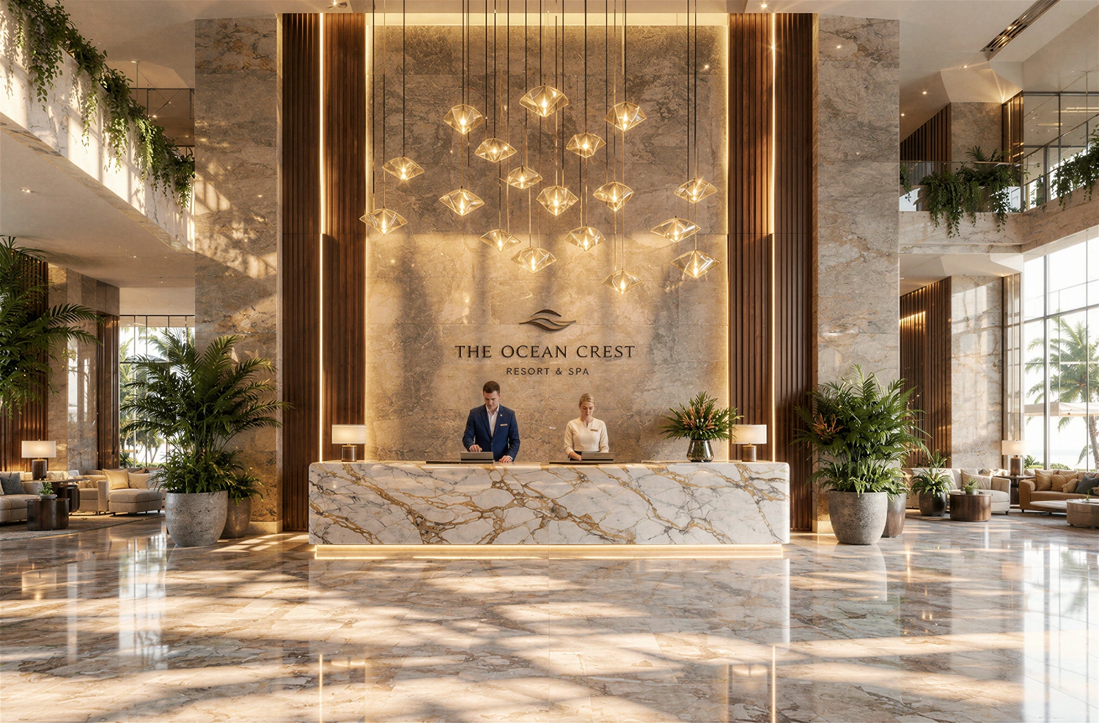 High-quality 3D architectural interior visualization of a grand reception area at a luxury resort. The scene centers on a beautifully illuminated marble reception desk staffed by a male and female concierge. Behind them is a towering marble feature wall elegantly displaying 'THE OCEAN CREST RESORT & SPA' branding. The luxurious atmosphere is enhanced by a modern multi-pendant glass chandelier, highly reflective polished marble floors, and lush indoor potted palms, with a bright tropical setting visible through the large windows.