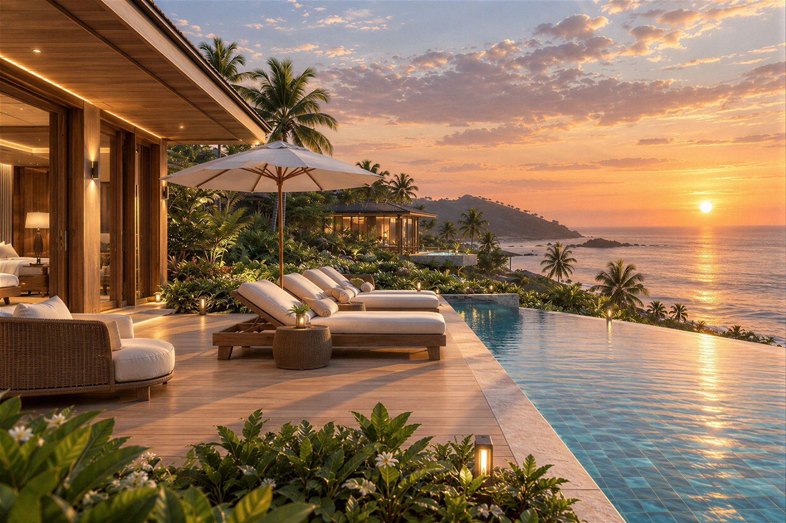 High-quality 3D architectural exterior visualization of a luxurious tropical resort villa. The scene features a spacious wooden deck equipped with sun loungers and a white patio umbrella situated right next to a stunning infinity pool. The calm, blue-tiled water of the pool reflects the brilliant golden light of the sun setting on the horizon over the vast ocean. Lush tropical vegetation, towering palm trees, and a winding coastline at the foot of distant hills surround the area, creating a relaxing and highly exclusive atmosphere.
