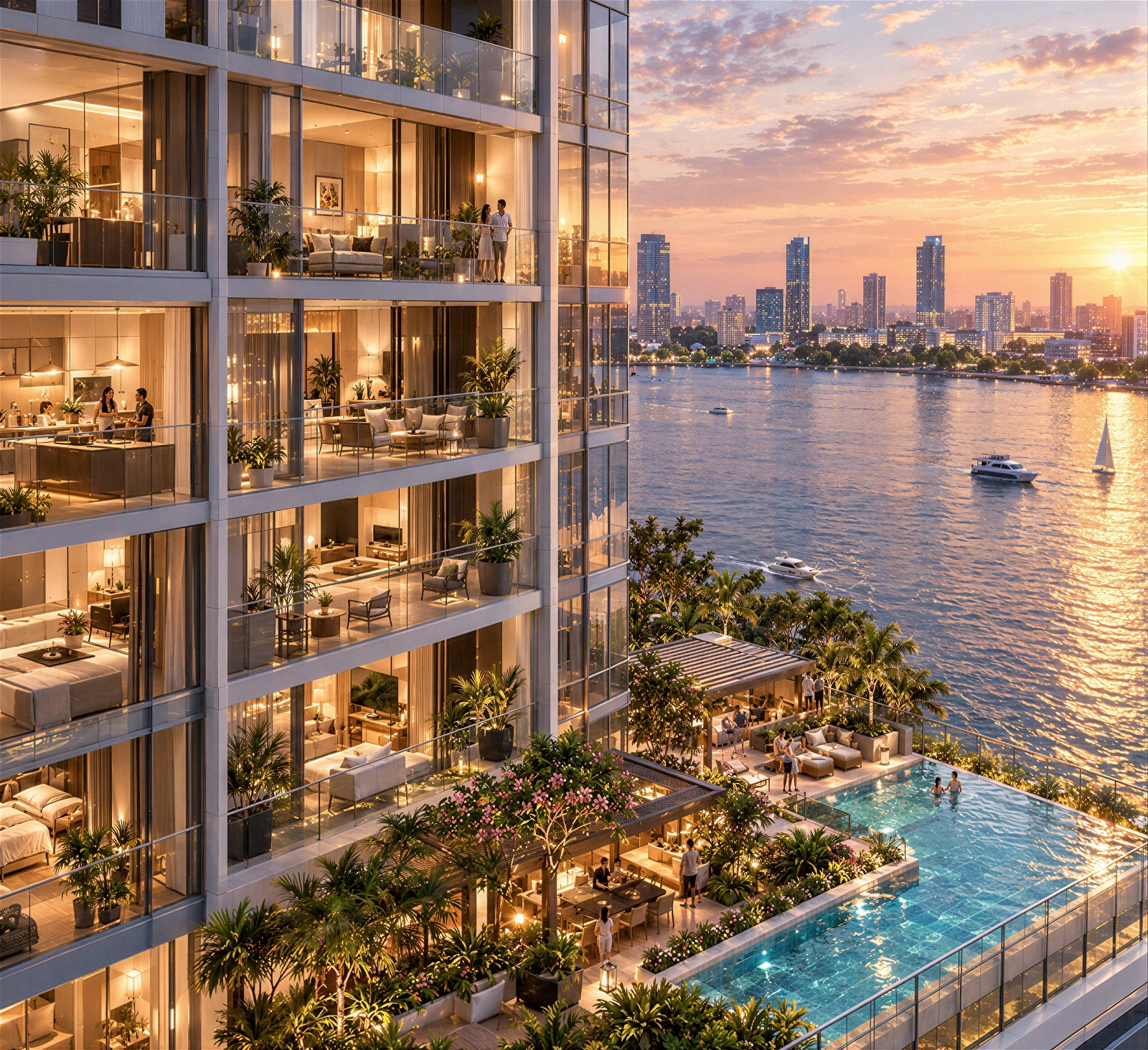 High-quality 3D architectural visualization of a high-end luxury riverside apartment building . The cutaway view reveals multiple residential levels with open-concept layouts, luxurious interiors, green-filled balconies, and residents relaxing . The ground and podium level features a modern infinity pool, outdoor lounge spaces surrounded by lush tropical greenery, and a breathtaking view of a wide river and the city skyline glowing under a vibrant sunset.