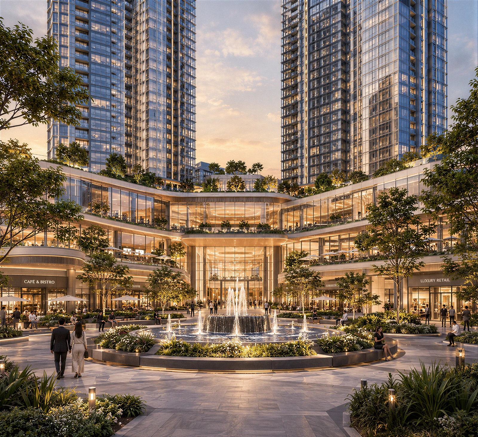 High-quality 3D architectural exterior visualization from ground level of a sophisticated commercial podium plaza at dusk. The central focus is a large, illuminated fountain surrounded by lush landscaping, upscale retail storefronts, and outdoor café seating. Two modern glass twin towers rise prominently behind the podium against a warm, twilight sky.
