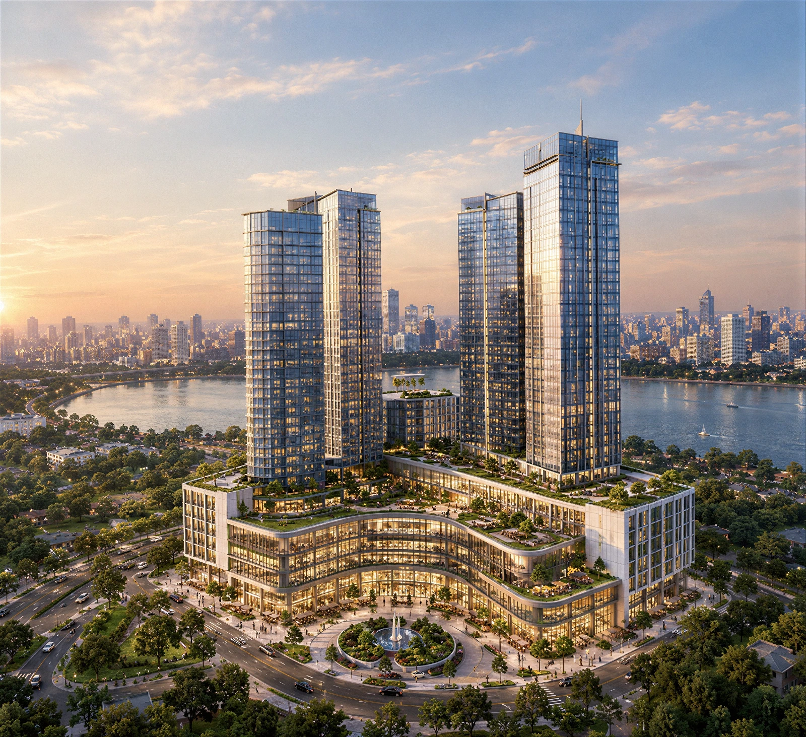 High-quality 3D architectural exterior aerial visualization of a luxury mixed-use commercial and residential complex by the river . The project features a curved multi-level podium integrated with lush greenery, a central fountain at the front traffic roundabout, and four modern glass-clad twin towers rising toward the sunset sky . The surrounding landscape includes green urban planning, a winding river, and a distant city skyline bathed in warm golden light.