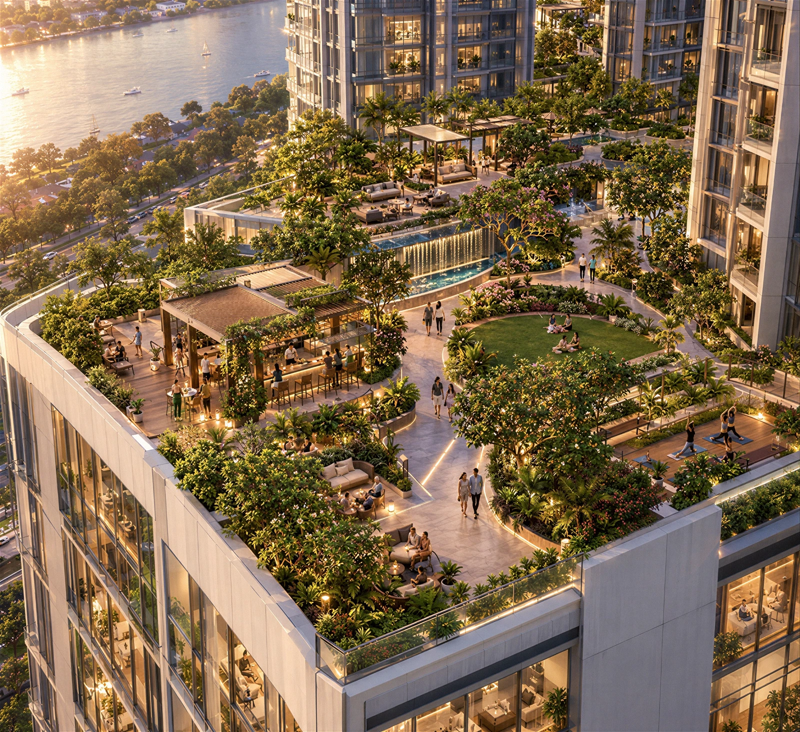 High-quality 3D architectural exterior aerial visualization of a luxury residential podium rooftop deck overlooking a scenic river at sunset. The expansive landscaped sky garden features lush tropical greenery, a central green lawn, a covered outdoor bar and lounge pavilion, a cascading water feature pool, walking pathways, and residents engaging in activities like yoga and strolling. The setting is framed by high-rise glass towers and warm golden evening light.