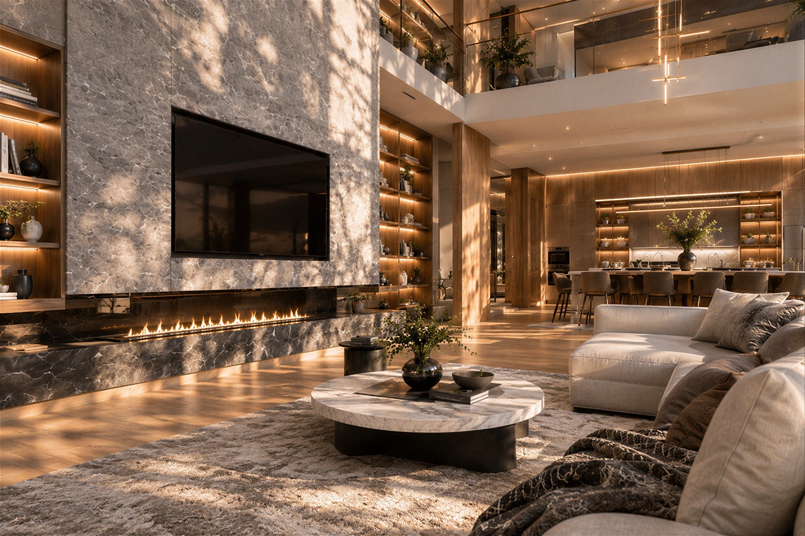 High-quality 3D architectural interior visualization of a luxurious double-height living room bathed in warm golden hour sunlight . The focal point is a massive marble accent wall featuring an integrated flat-screen TV and a modern linear fireplace . The space is furnished with a comfortable light-colored sectional sofa, a round marble coffee table, and built-in wooden shelving with ambient LED strip lighting . Artistic tree shadows are cast across the marble wall and natural wood flooring, enhancing the cozy atmosphere that seamlessly connects to the open-concept kitchen and dining area in the background.