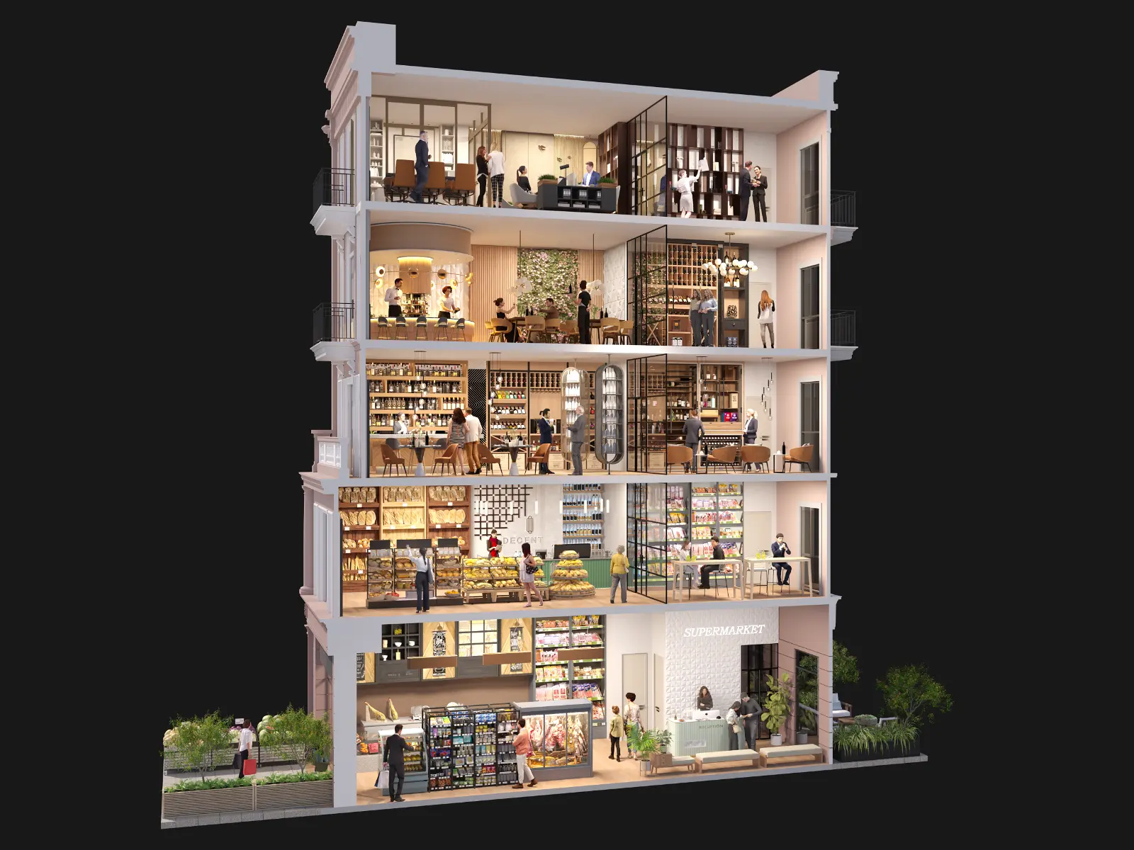 High-quality 3D architectural cross-section visualization of a five-story mixed-use commercial building. The detailed cutaway dollhouse view reveals a ground-floor supermarket, a second-floor bakery and cafe, mid-level wine bars and dining areas, and a top-floor modern office space, all actively populated with people.