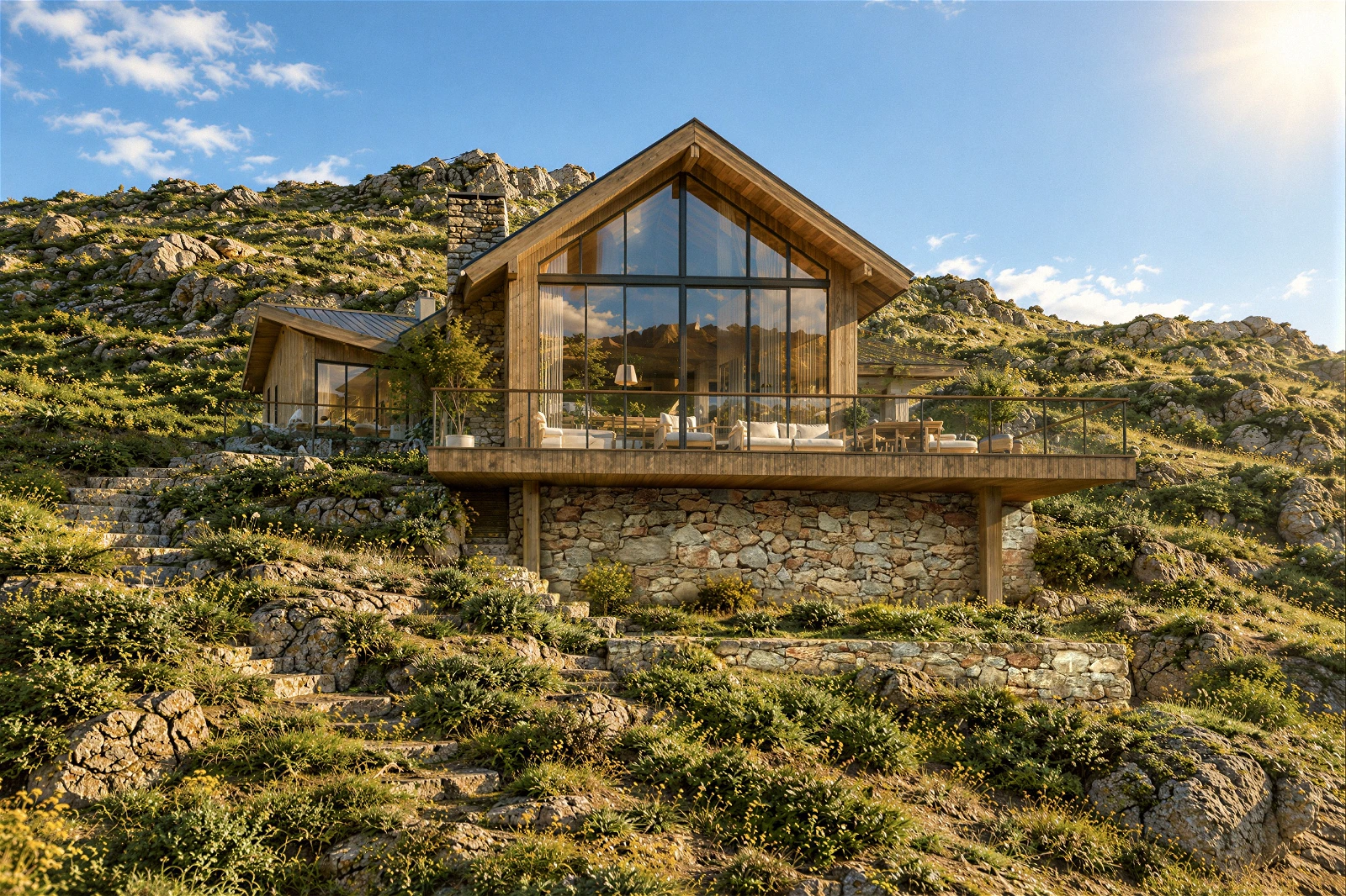 High-quality 3D architectural exterior visualization of a modern, rustic mountain cabin . The cabin is perched on a rocky, grassy hillside and features a stone foundation, a wooden facade with a pitched roof, and an expansive A-frame glass wall . A large wooden wrap-around deck with outdoor lounge furniture offers panoramic views under a bright, sunny sky . Stone steps lead up the natural terrain toward the residence.
